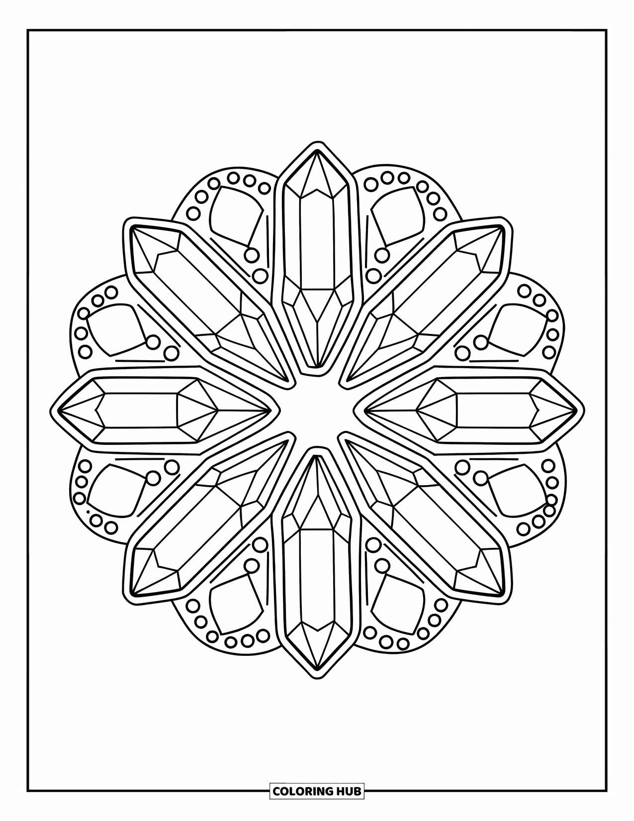 Desenho de cristal para colorir para adultos: Uma disposição de cristal simétrica com pontos e linhas decorativas preenchendo as lacunas