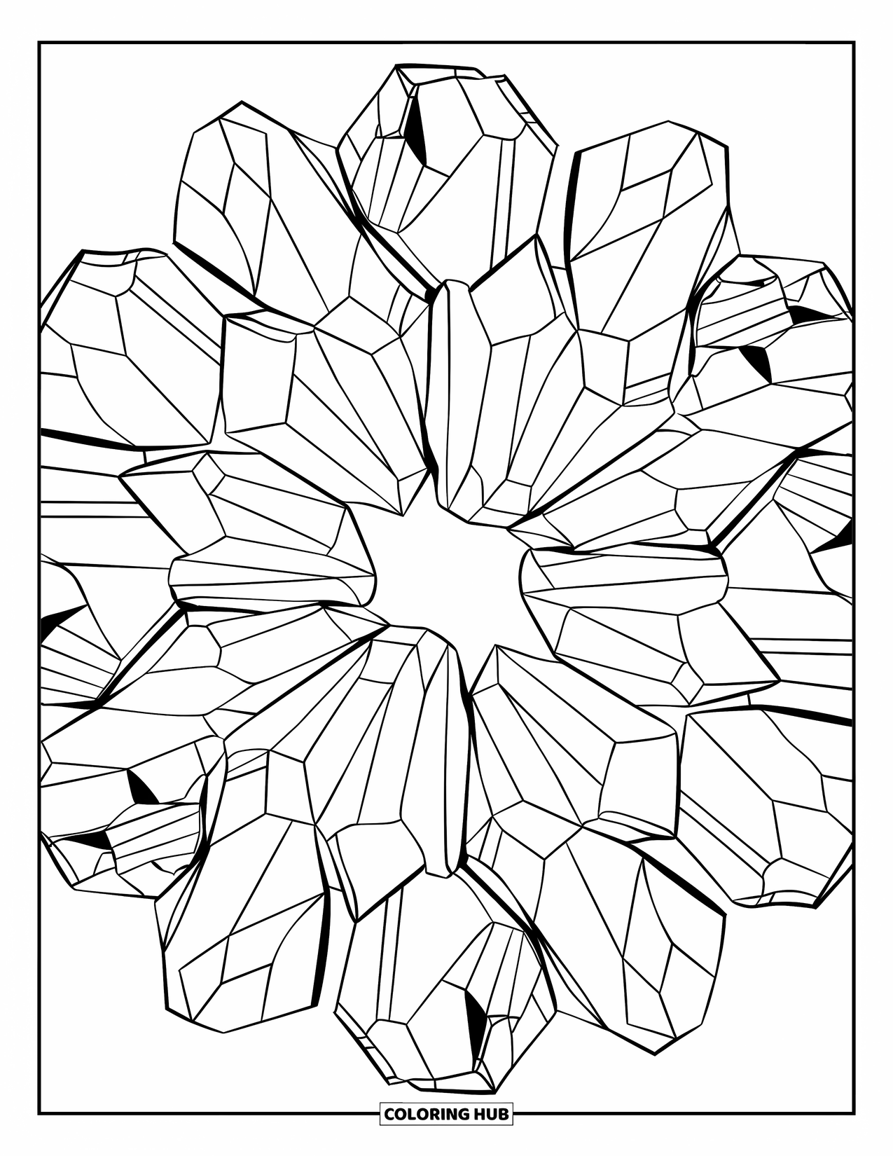 Desenho de cristal para colorir para adultos: Um padrão abstrato de cristais sobrepostos dispostos em um design circular