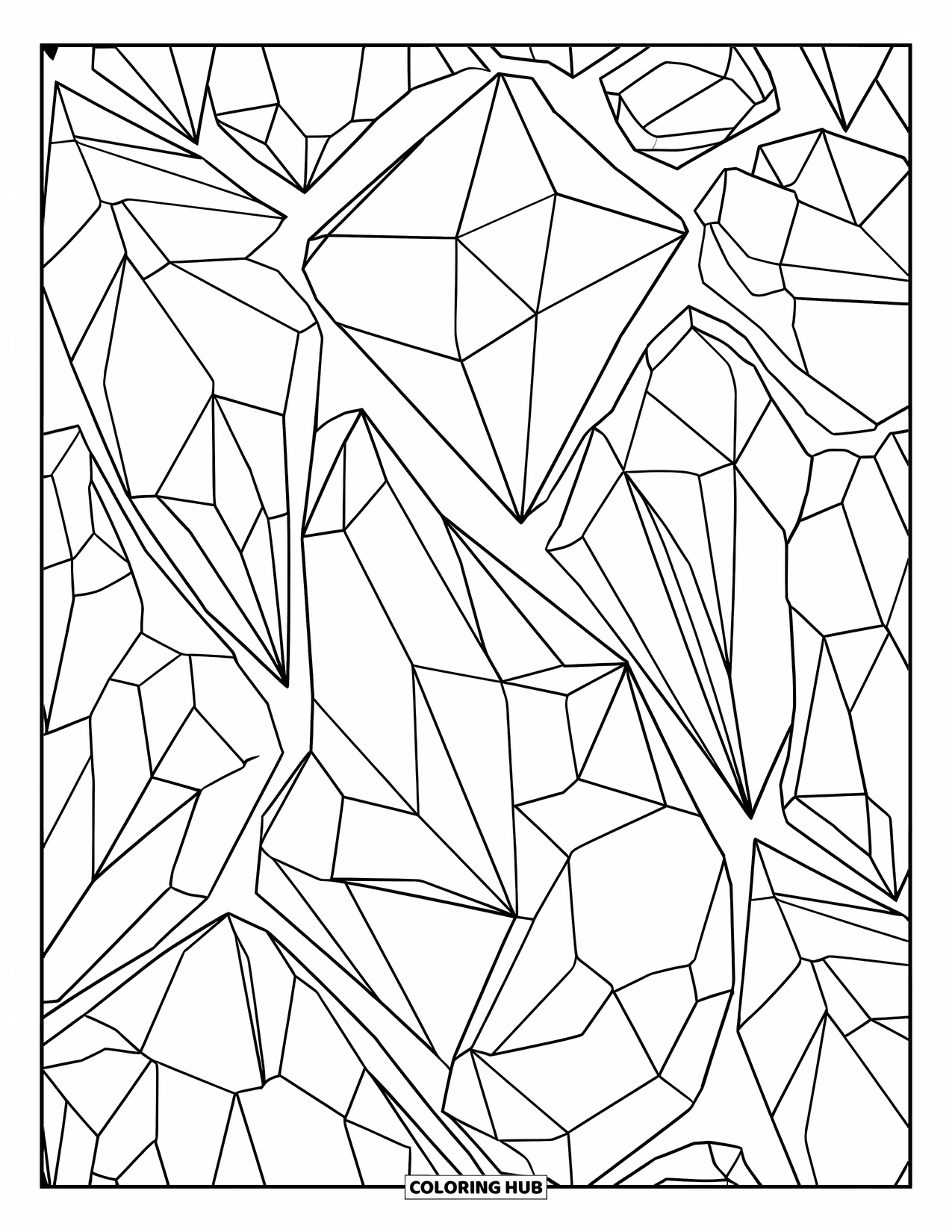 Desenho de cristal para colorir para adultos: Um padrão abstrato de cristais sobrepostos, cada faceta delineada para colorir de forma consciente