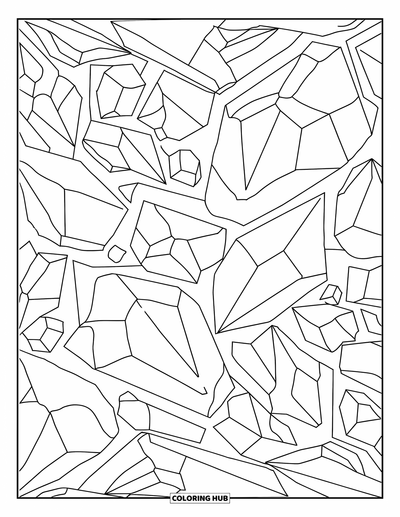 Desenho de cristal para colorir para adultos: Um padrão abstrato de cristais sobrepostos com contornos limpos e ousados e detalhes intrincados
