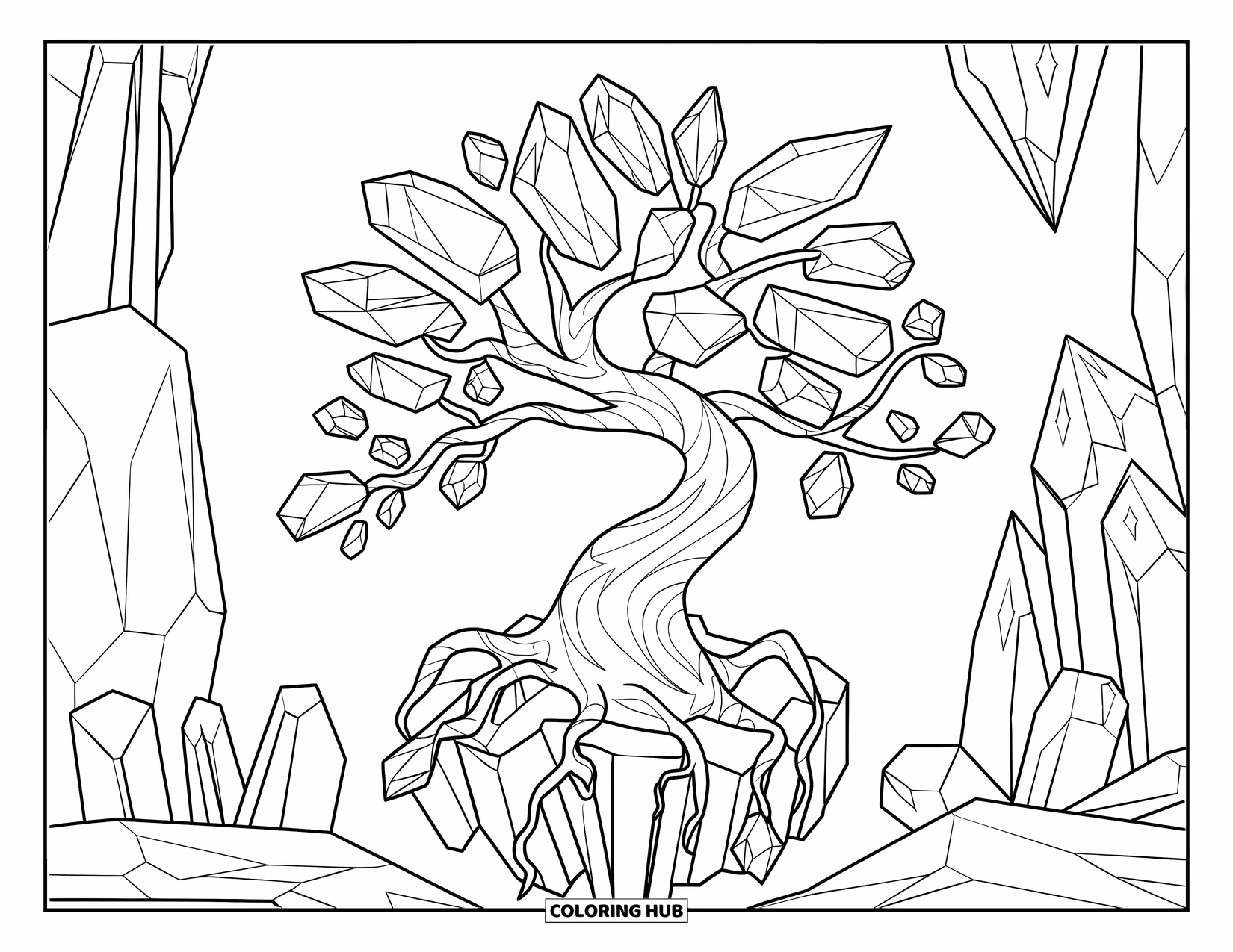 Desenho de cristal para colorir para adultos: Uma árvore encantada com folhas e raízes de cristal, crescendo de uma base de cristal