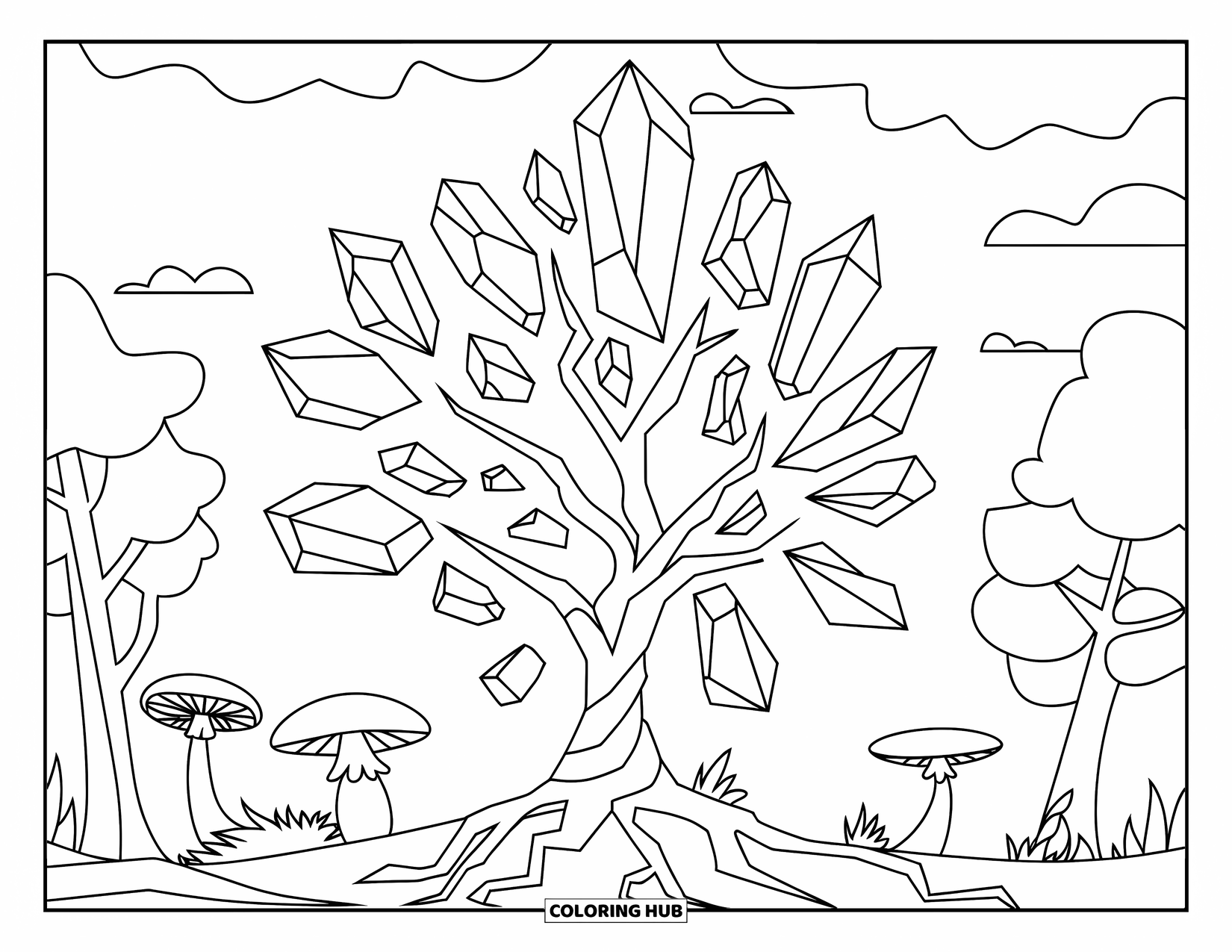 Desenho de cristal para colorir para adultos: Uma árvore encantada com folhas e raízes de cristal, cercada por cogumelos e árvores
