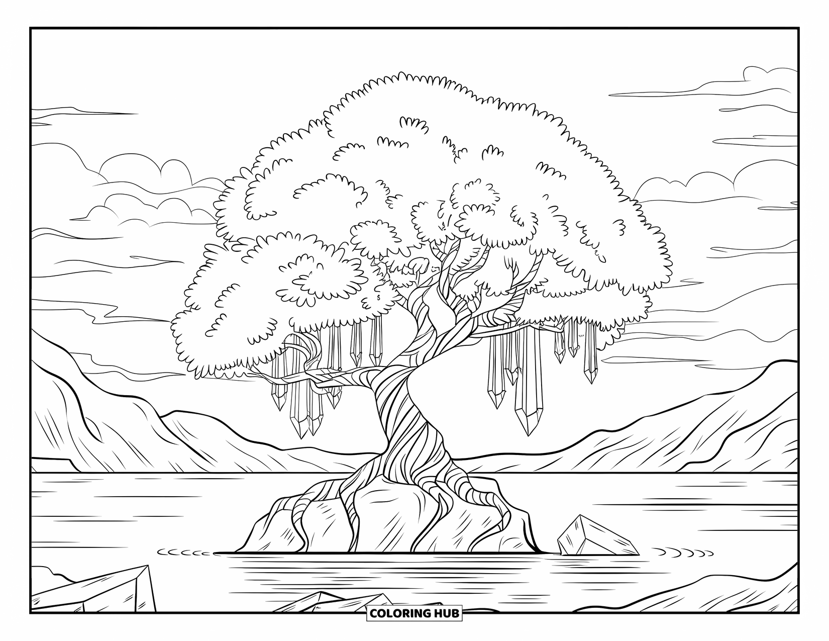 Desenho de cristal para colorir para adultos: Uma árvore encantada com folhas de cristal, em cima de uma rocha em um lago sereno