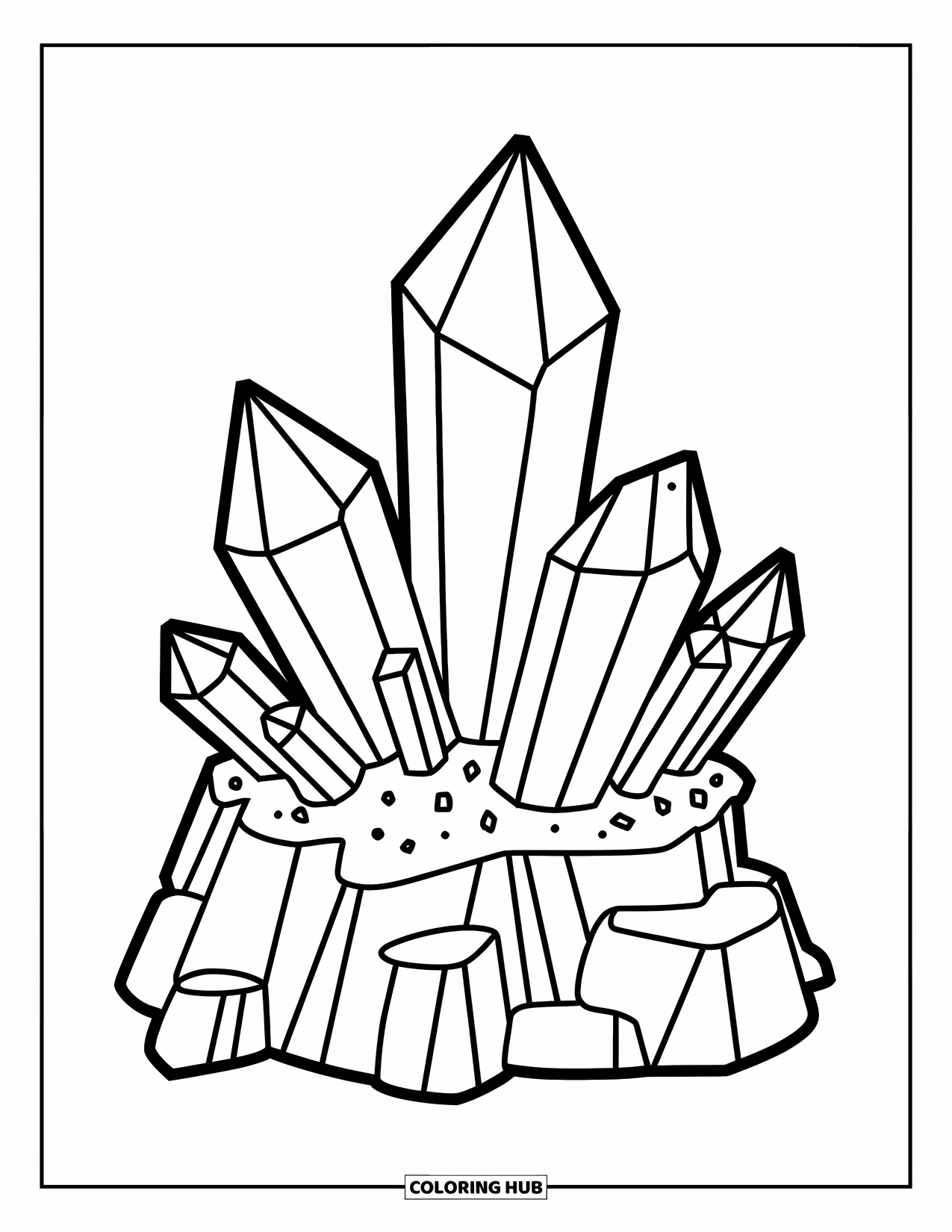 Desenho de Cristal para Colorir para Crianças: Um aglomerado de cristais crescendo de uma pequena base de rocha com seções claras