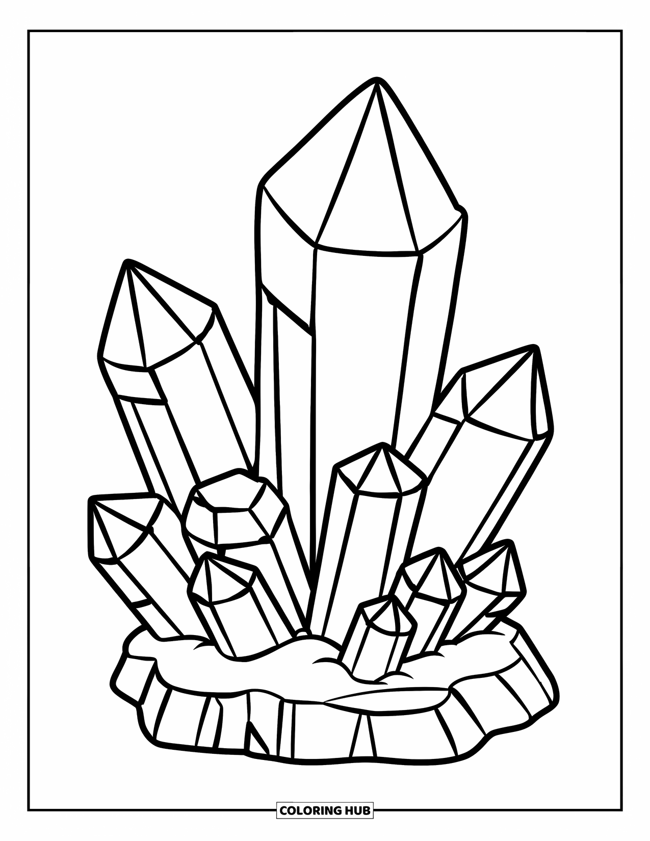 Desenho de Cristal para Colorir para Crianças: Um aglomerado de cristais de tamanho médio crescendo de uma pequena base de rocha