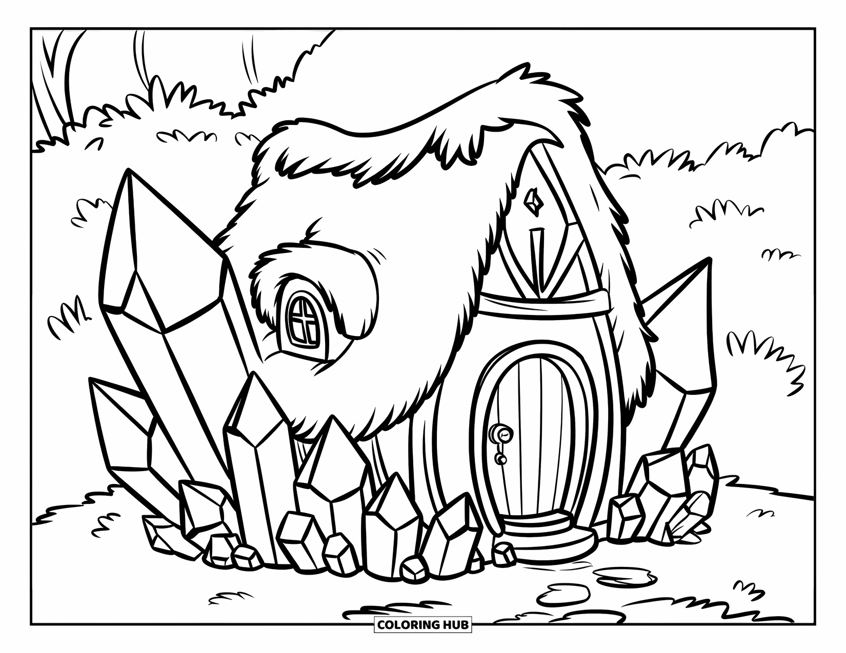 Desenho de Cristal para Colorir para Crianças: Uma casa aconchegante com cristais, um telhado de palha e um prado verde exuberante