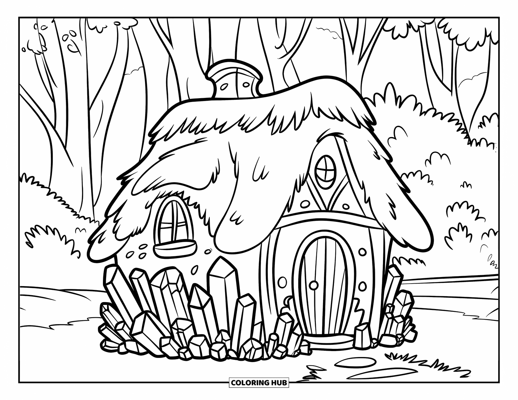 Desenho de Cristal para Colorir para Crianças: Uma casa aconchegante com cristais crescendo ao redor dela em um ambiente de floresta