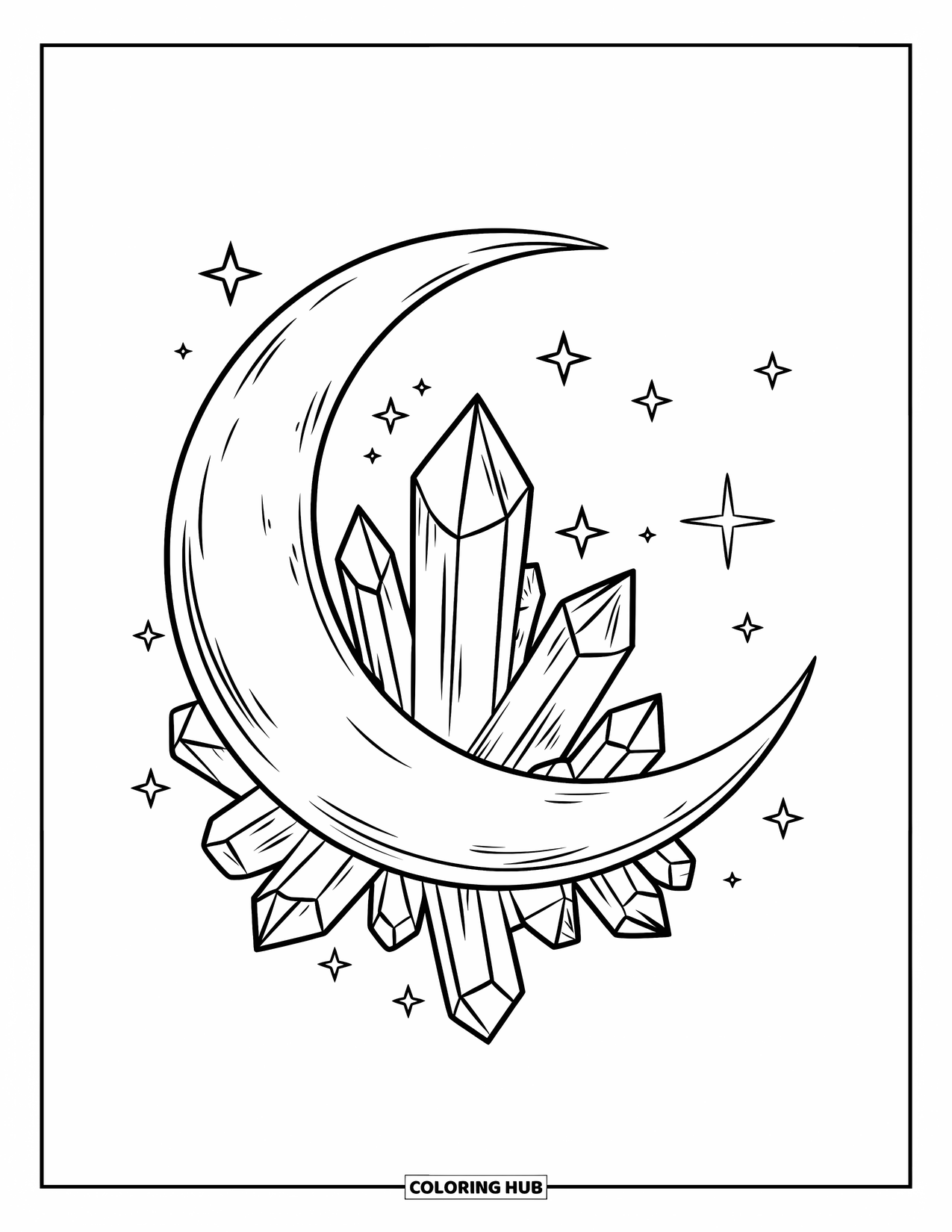 Desenho de Cristal para Colorir para Crianças: Uma lua crescente com cristais ao longo de sua curva, em um céu claro com estrelas