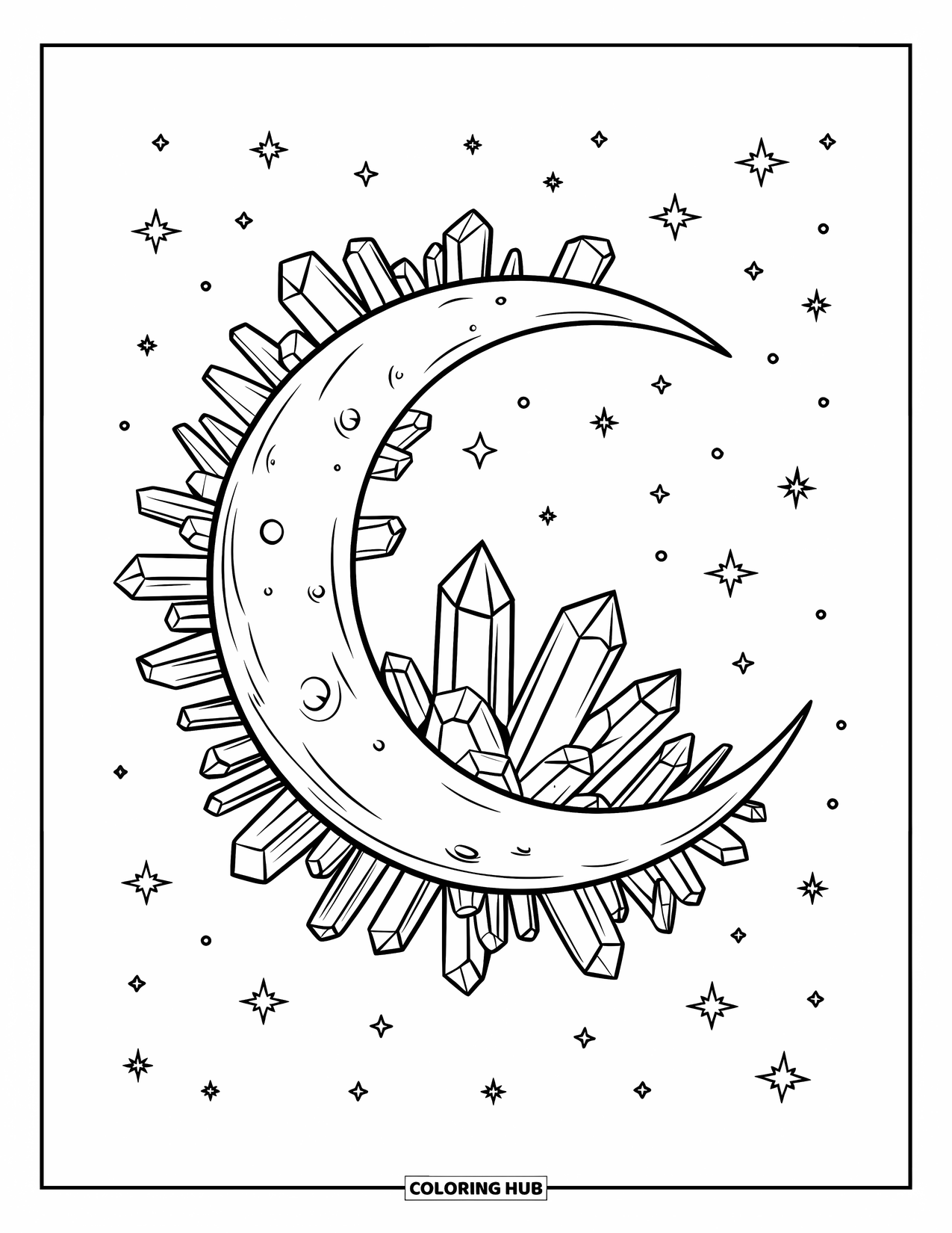 Desenho de Cristal para Colorir para Crianças: Uma lua crescente com cristais ao longo de sua curva, em um céu noturno estrelado