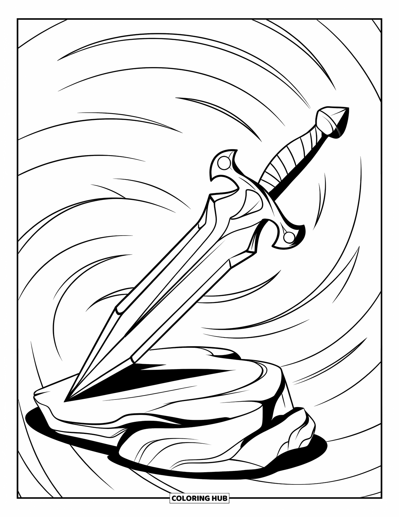 Desenho de Cristal para Colorir para Crianças: Uma adaga de cristal apoiada em uma rocha, cercada por linhas giratórias e uma empunhadura envolta em couro