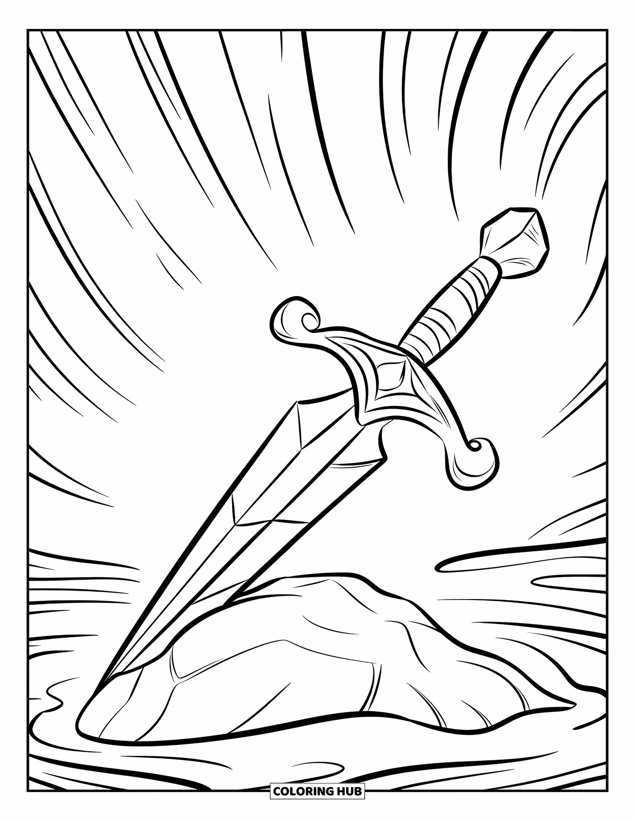 Desenho de Cristal para Colorir para Crianças: Uma adaga de cristal apoiada em uma rocha lisa com linhas giratórias ao redor dela, criando uma vibe mística