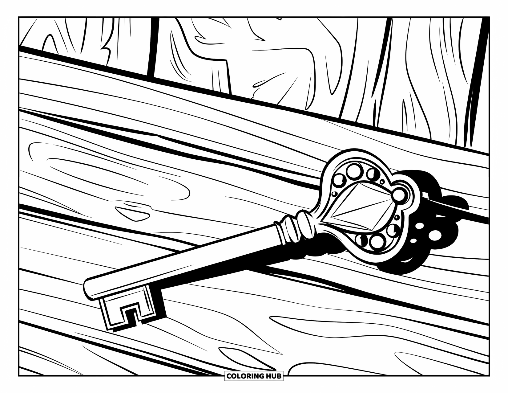 Desenho de Cristal para Colorir para Crianças: Uma chave incrustada de cristal com uma alça decorativa deitada sobre uma superfície de madeira