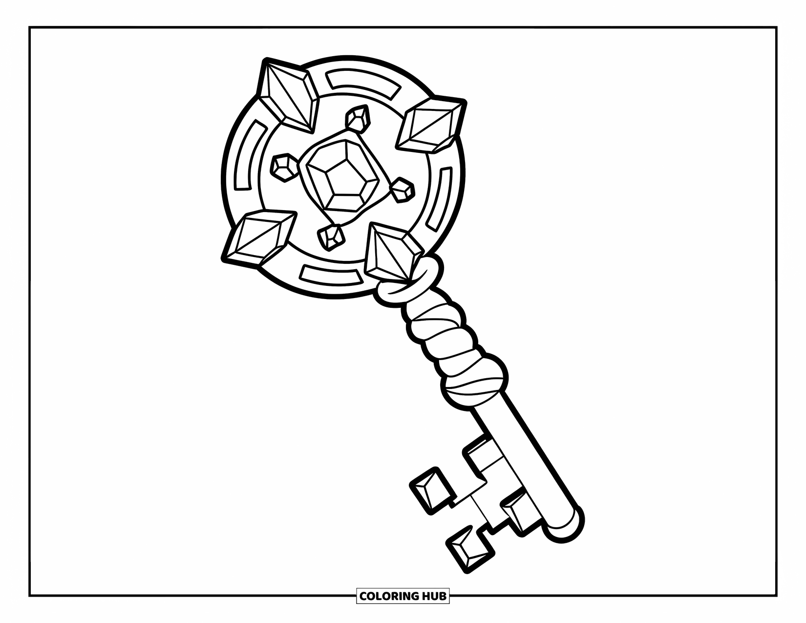 Desenho de Cristal para Colorir para Crianças: Uma chave incrustada de cristal com uma alça decorativa de corda torcida e cabeça circular
