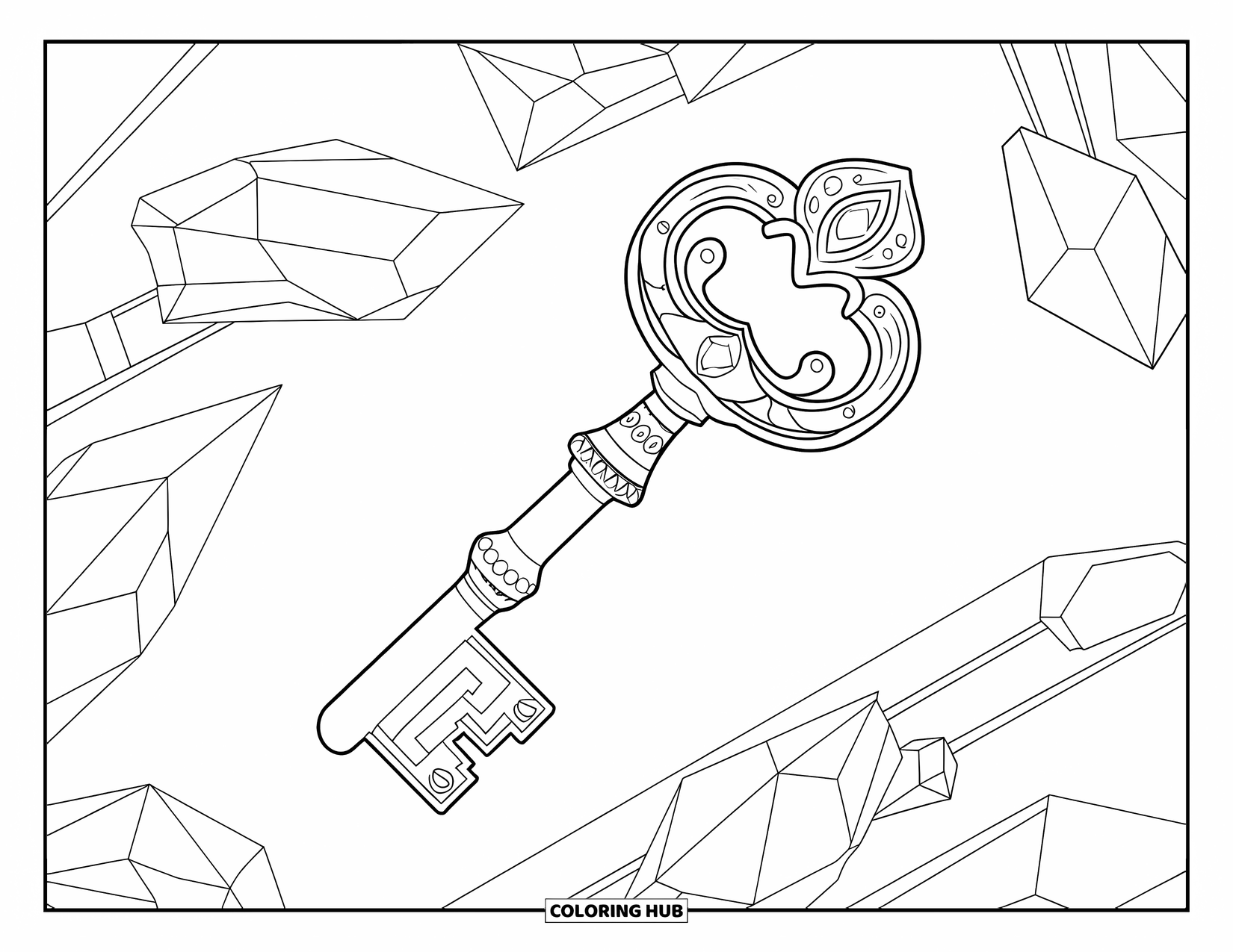 Desenho de Cristal para Colorir para Crianças: Uma chave incrustada de cristal com uma cabeça ornamentada, buraco de fechadura incrustado de joias e alça em forma de dragão
