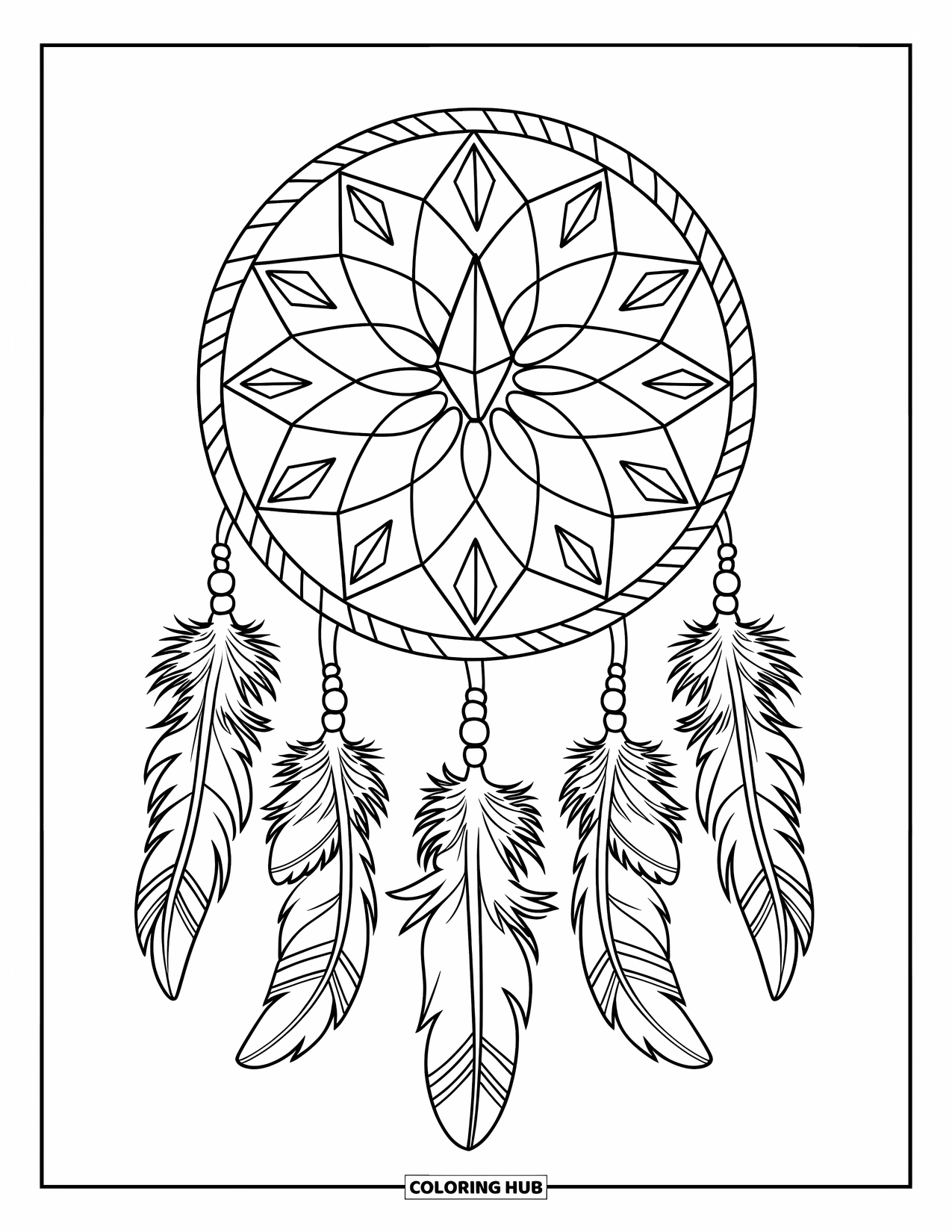 Desenho de Cristal para Colorir para Crianças: Um filtro dos sonhos com pontas de cristal, fechado em um círculo, pendurado em um pedaço de madeira