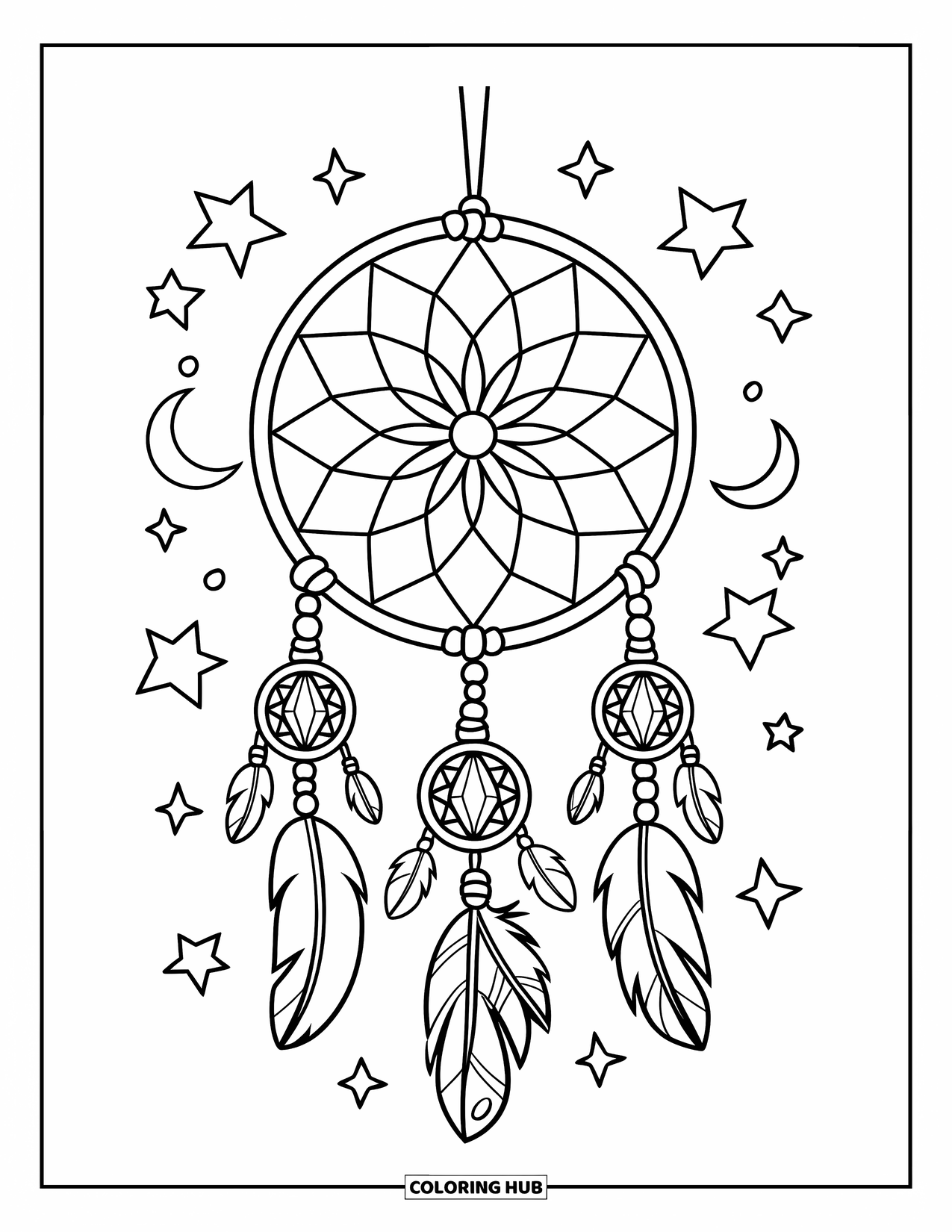 Desenho de Cristal para Colorir para Crianças: Um filtro dos sonhos com pontas de cristal, pendurado em um galho de árvore com estrelas e luas crescentes