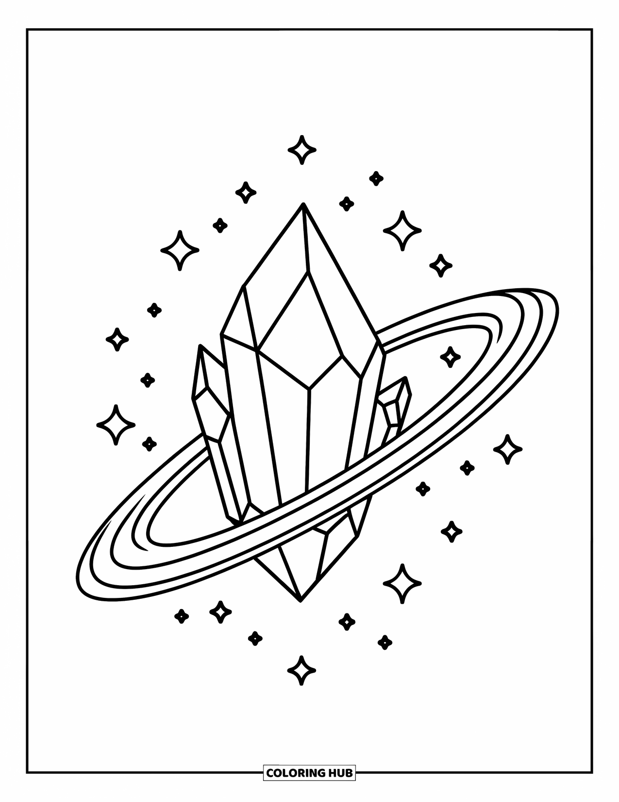 Desenho de Cristal para Colorir para Crianças: Um cristal flutuante cercado por anéis e estrelas, com contornos limpos e marcantes e um fundo branco