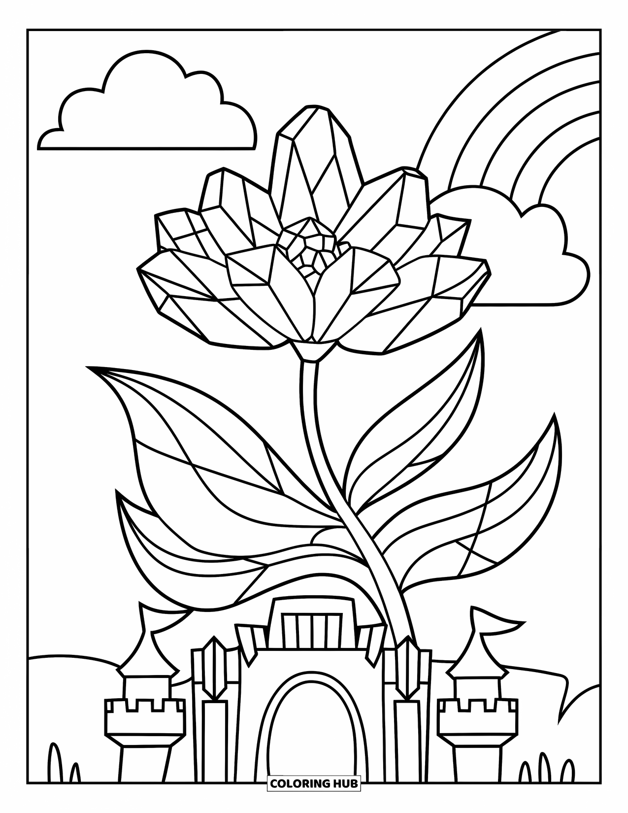 Desenho de Cristal para Colorir para Crianças: Uma flor com pétalas e folhas de cristal em um castelo, com um arco-íris e nuvem