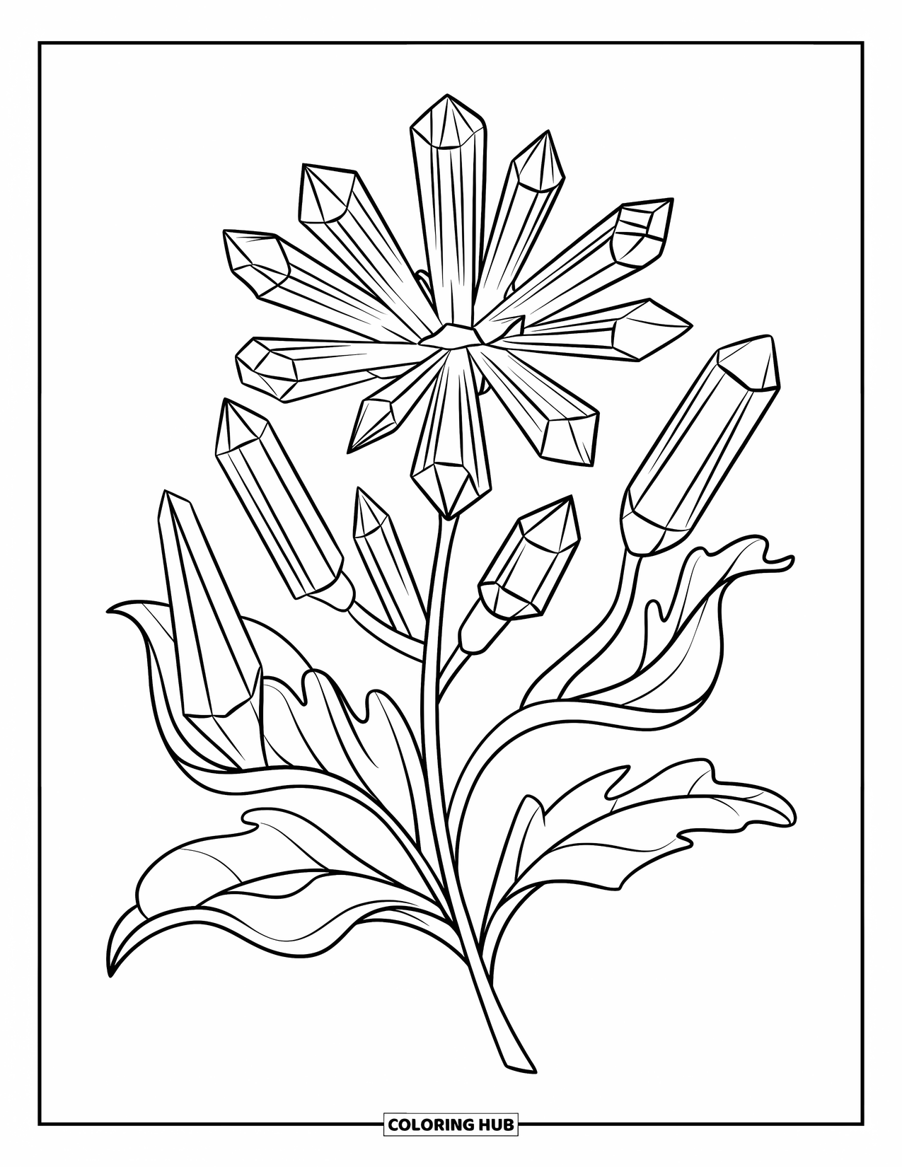 Desenho de Cristal para Colorir para Crianças: Uma flor com pétalas e folhas de cristal em um caule, com contornos claros e sem sombreamento