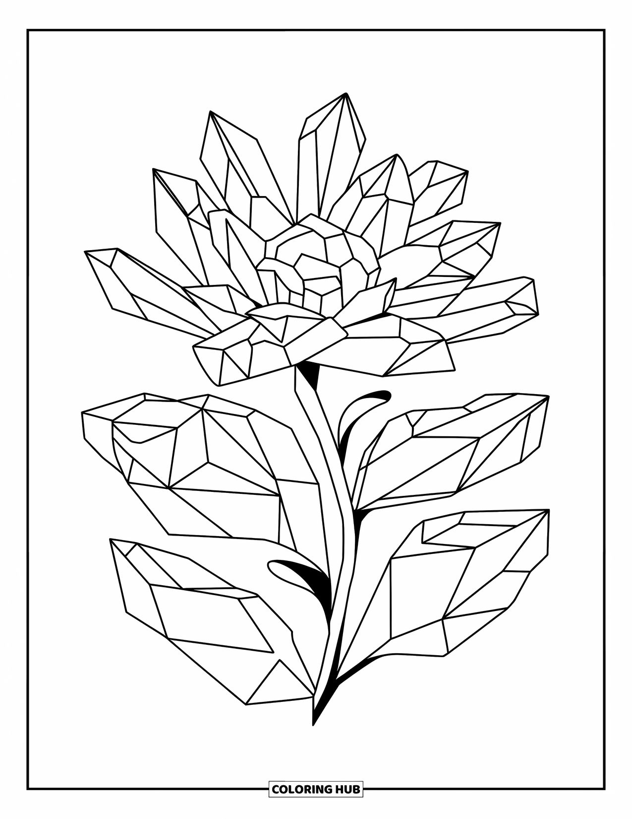 Desenho de Cristal para Colorir para Crianças: Uma flor com pétalas e folhas de cristal delineadas claramente em um fundo branco