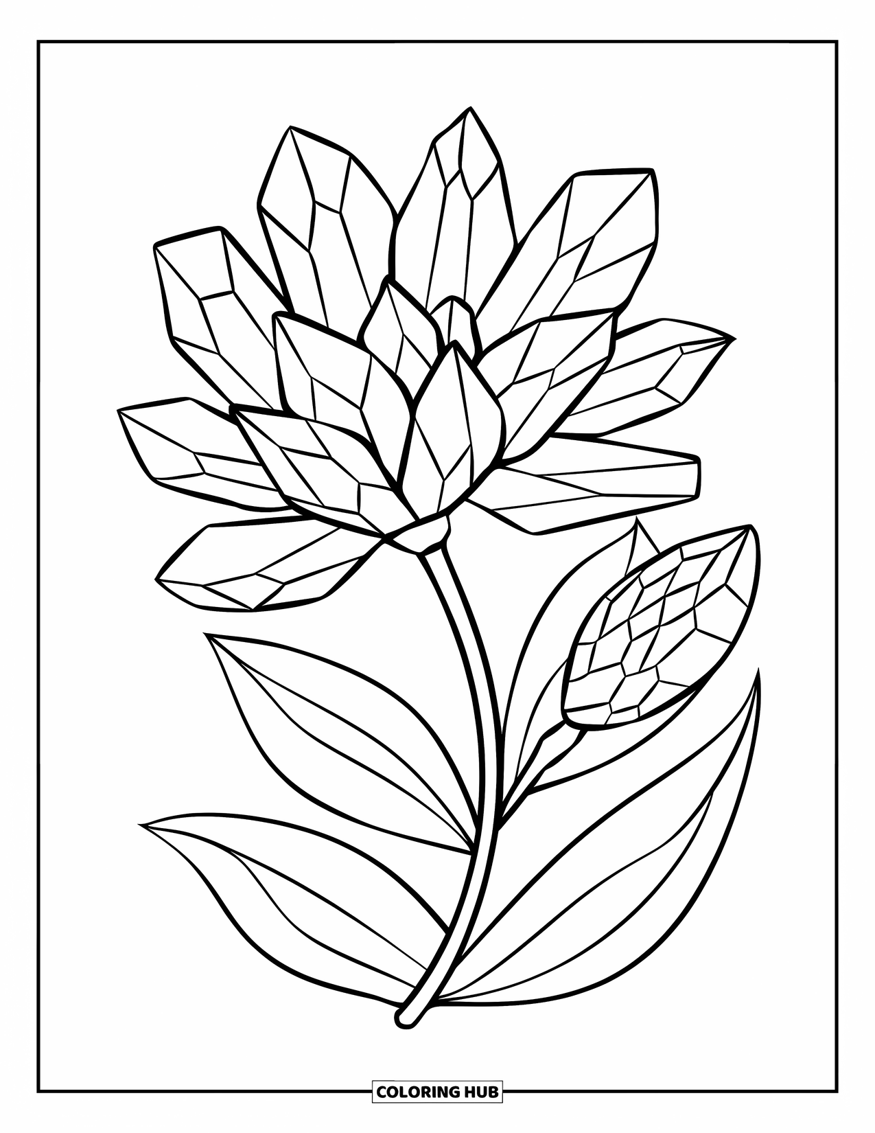 Desenho de Cristal para Colorir para Crianças: Uma flor com pétalas e folhas de cristal delineadas para clareza, em um fundo branco