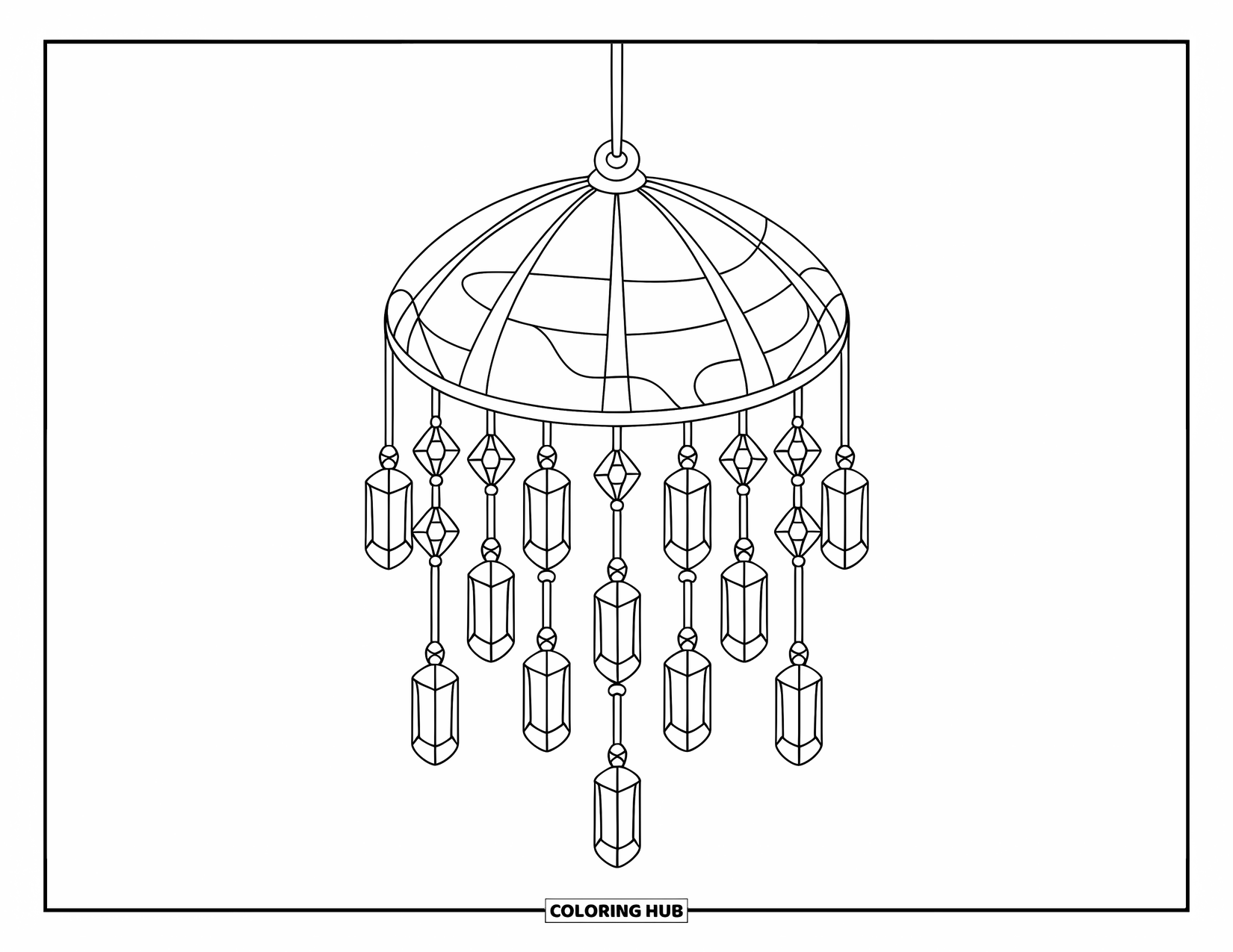 Desenho de Cristal para Colorir para Crianças: Um móbile pendurado com cristais pendurados em cordas, suspenso de um globo transparente