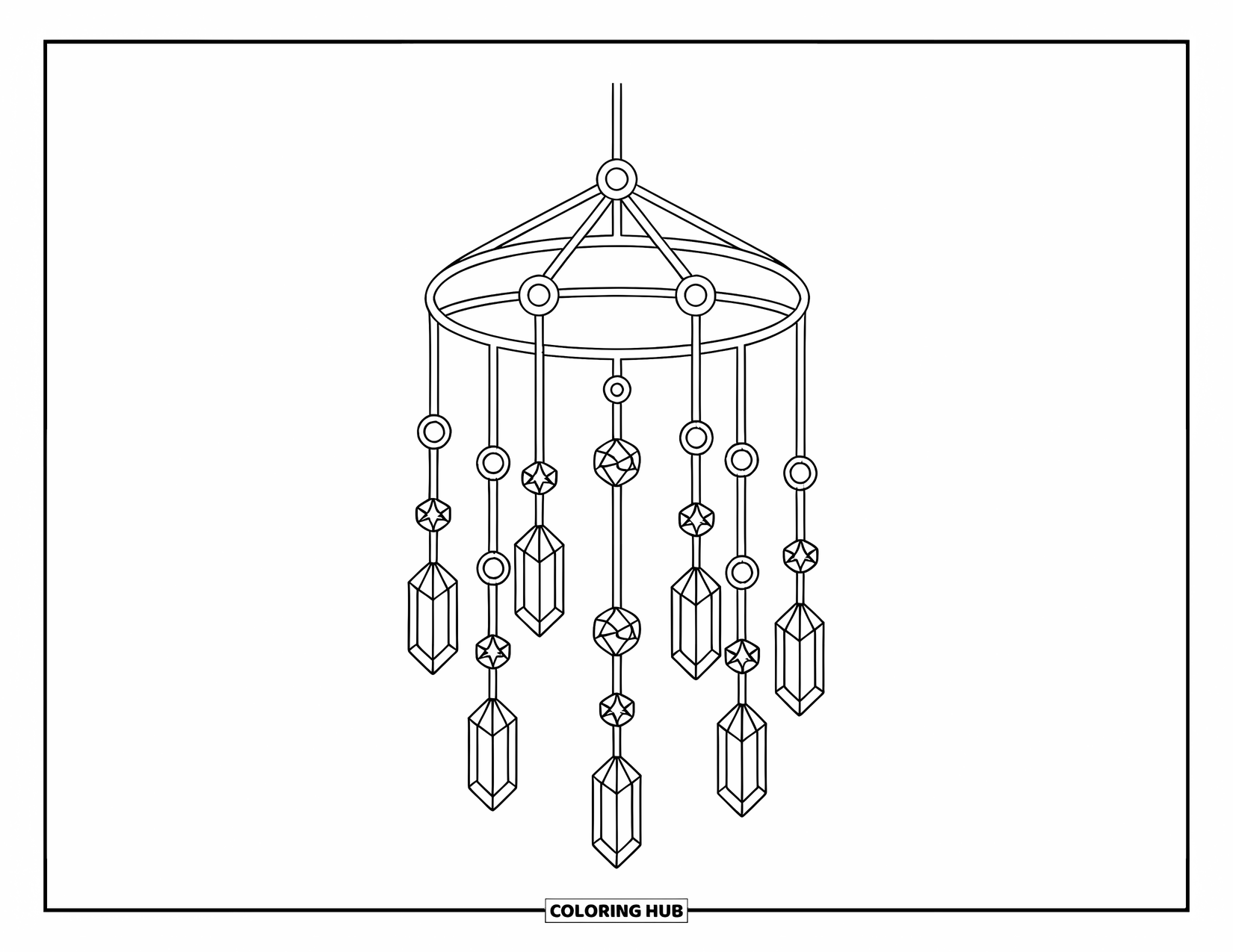 Desenho de Cristal para Colorir para Crianças: Um móbile pendurado com cristais pendurados em cordas, suspenso por uma corrente dourada