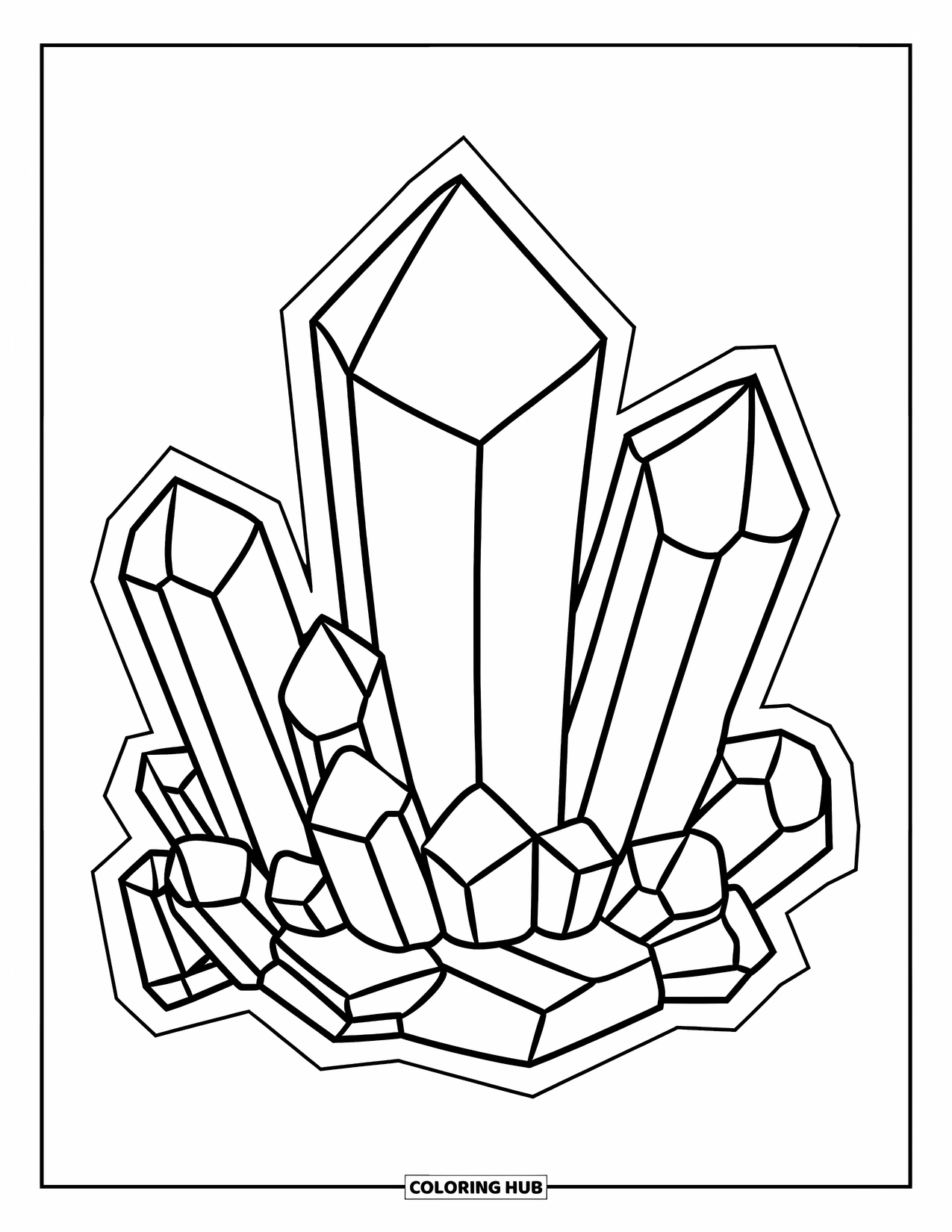 Desenho de Cristal para Colorir para Crianças: Um grande aglomerado de cristal organizado em uma composição equilibrada e divertida