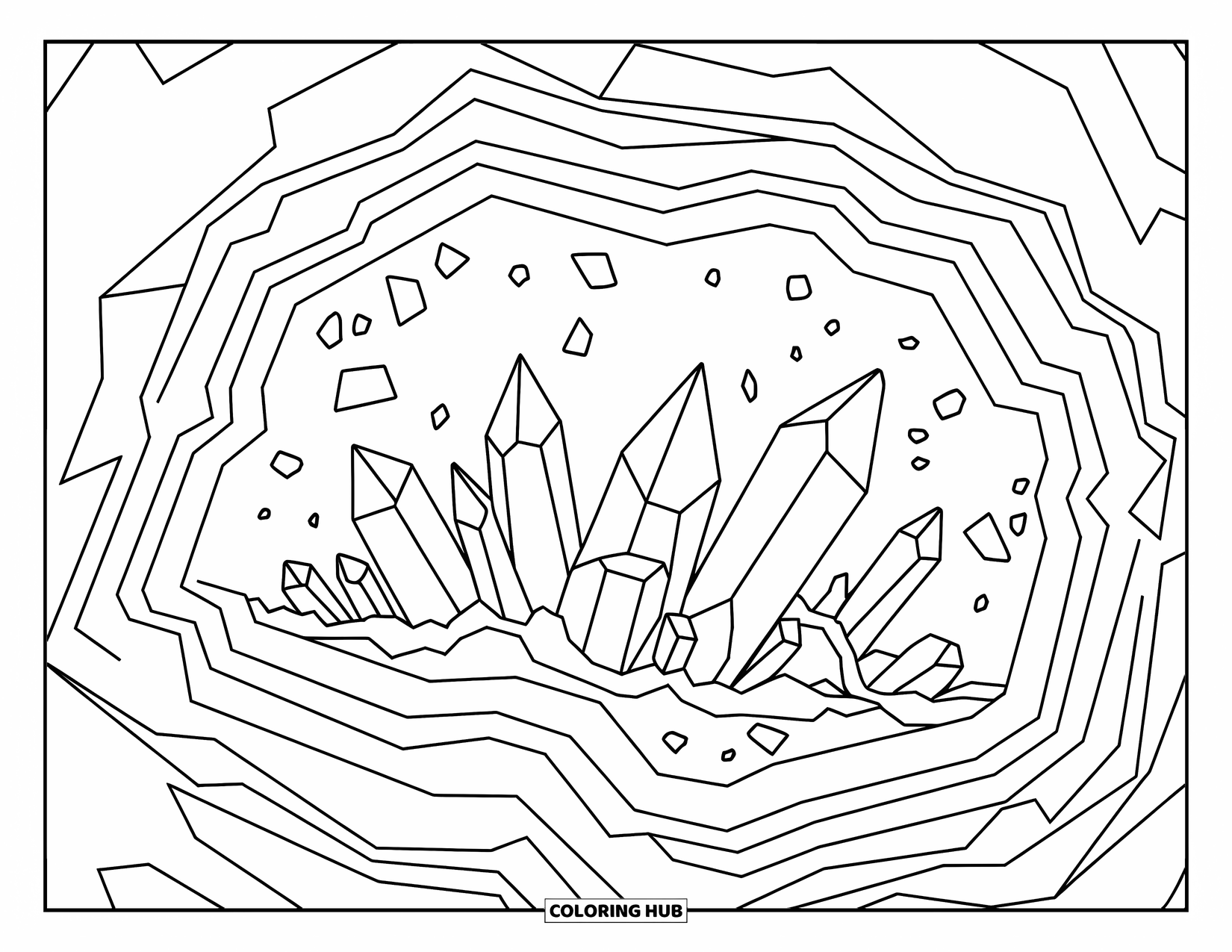 Desenho de Cristal para Colorir para Crianças: Uma grande geodo aberta com cristais de várias formas e contornos limpos e marcantes