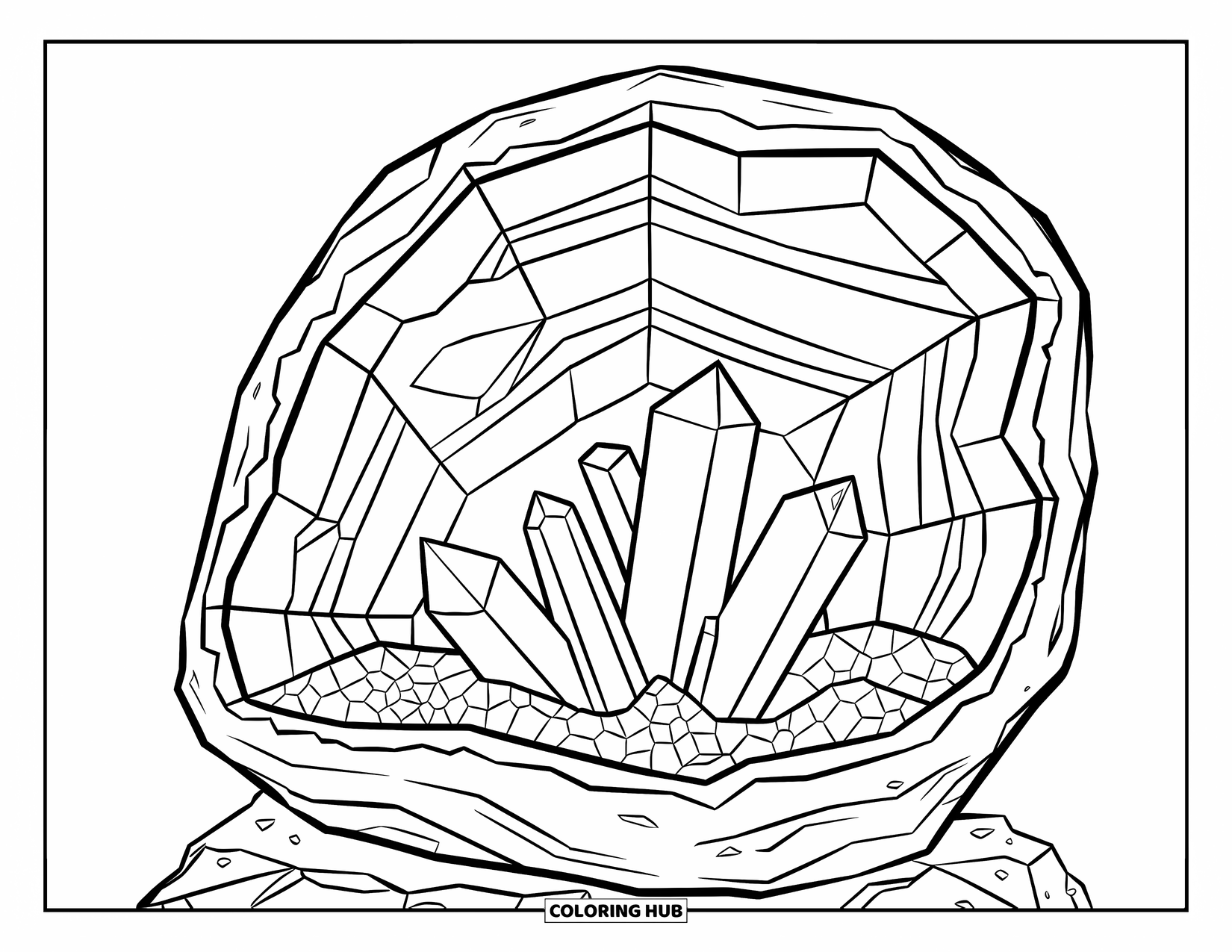 Desenho de Cristal para Colorir para Crianças: Uma grande geodo aberta com vários cristais e uma superfície rochosa