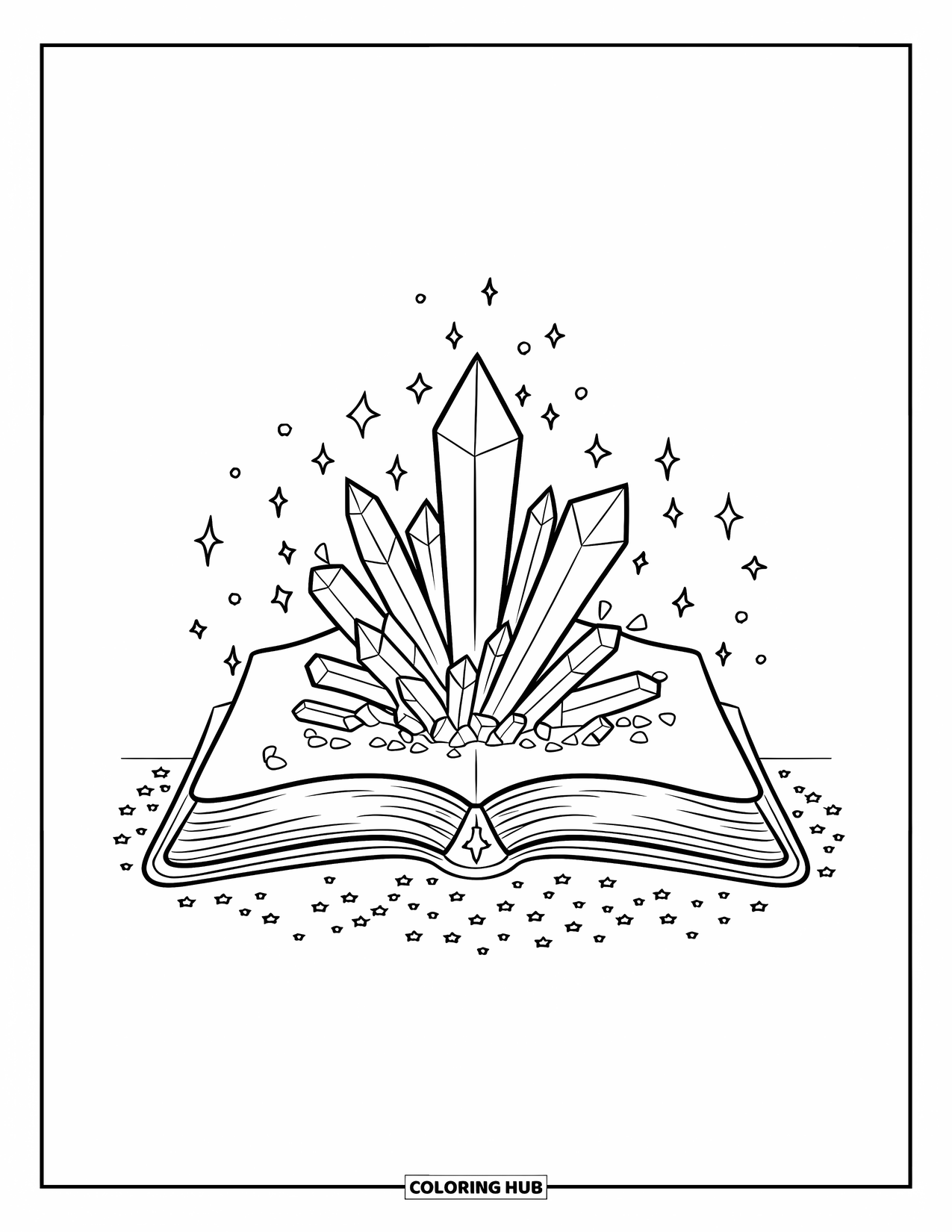 Desenho de Cristal para Colorir para Crianças: Um livro mágico com cristais brotando de suas páginas, apoiado no chão com brilhos