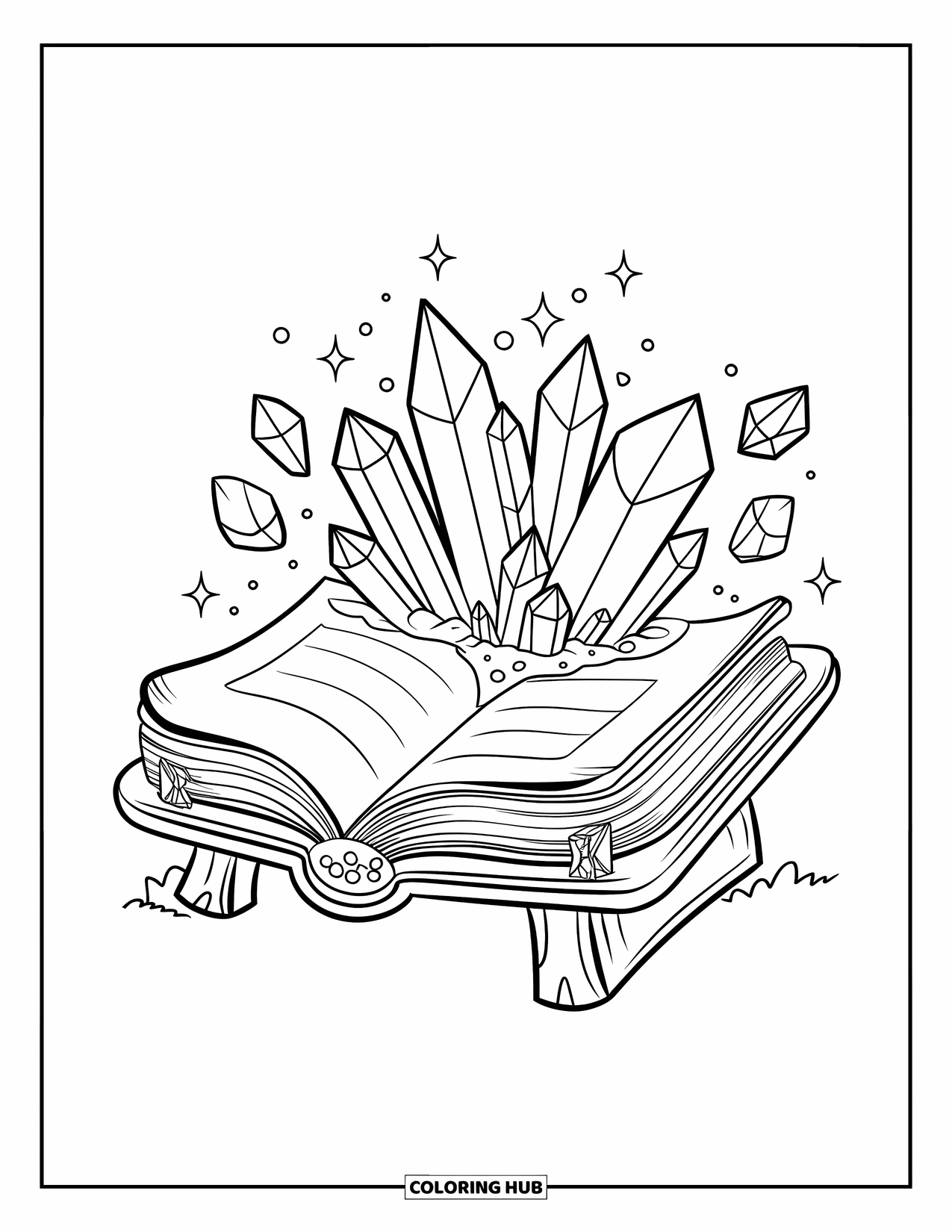 Desenho de Cristal para Colorir para Crianças: Um livro mágico com cristais brotando de suas páginas, sentado em um suporte de madeira com brilhos