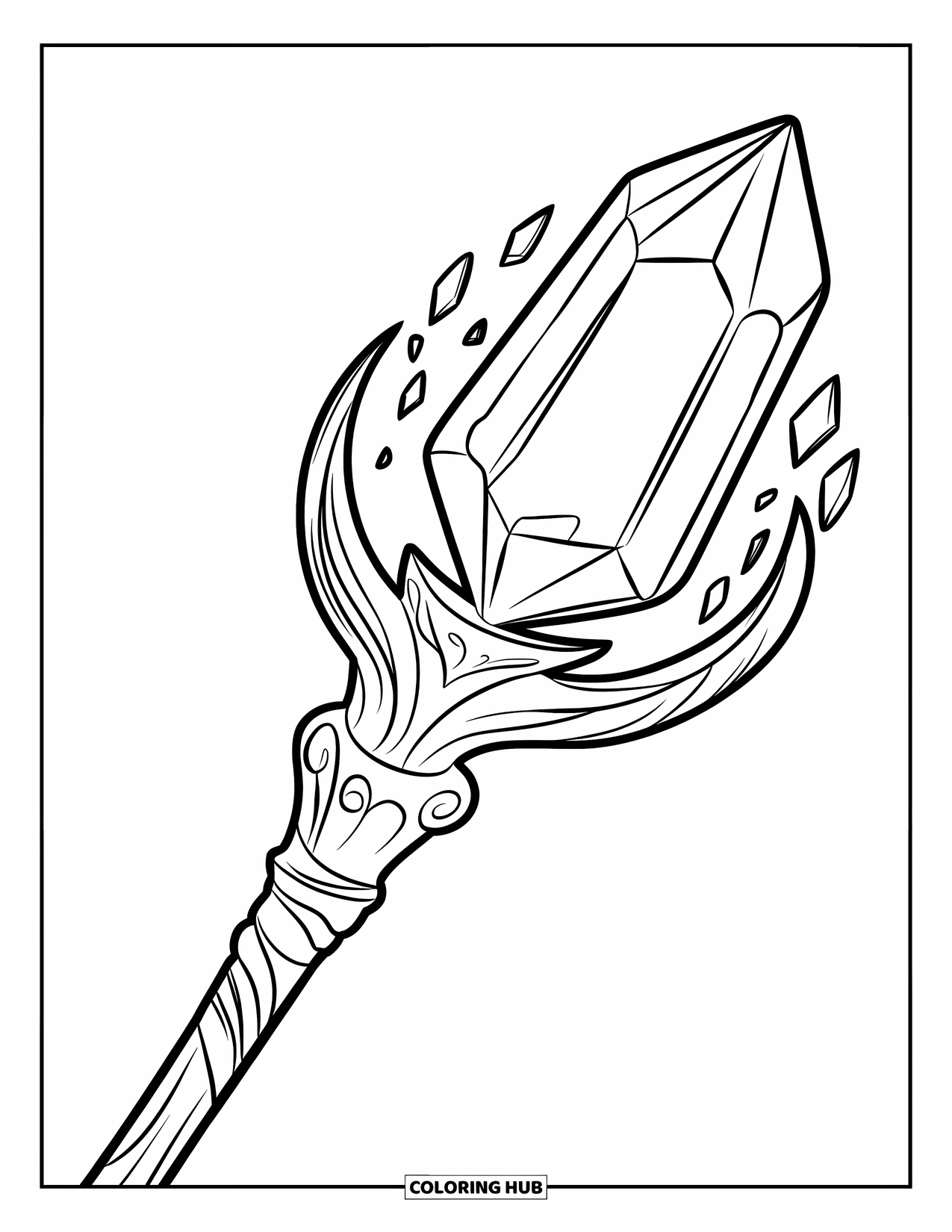 Desenho de Cristal para Colorir para Crianças: Um cajado mágico com um grande cristal multifacetado no topo, com esculturas intrincadas