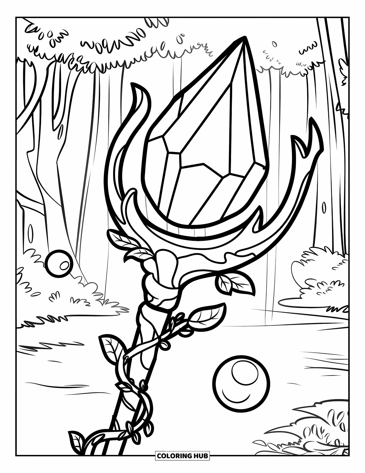 Desenho de Cristal para Colorir para Crianças: Um cajado mágico com um cristal multifacetado, envolto em vinhas, cercado por orbes flutuantes