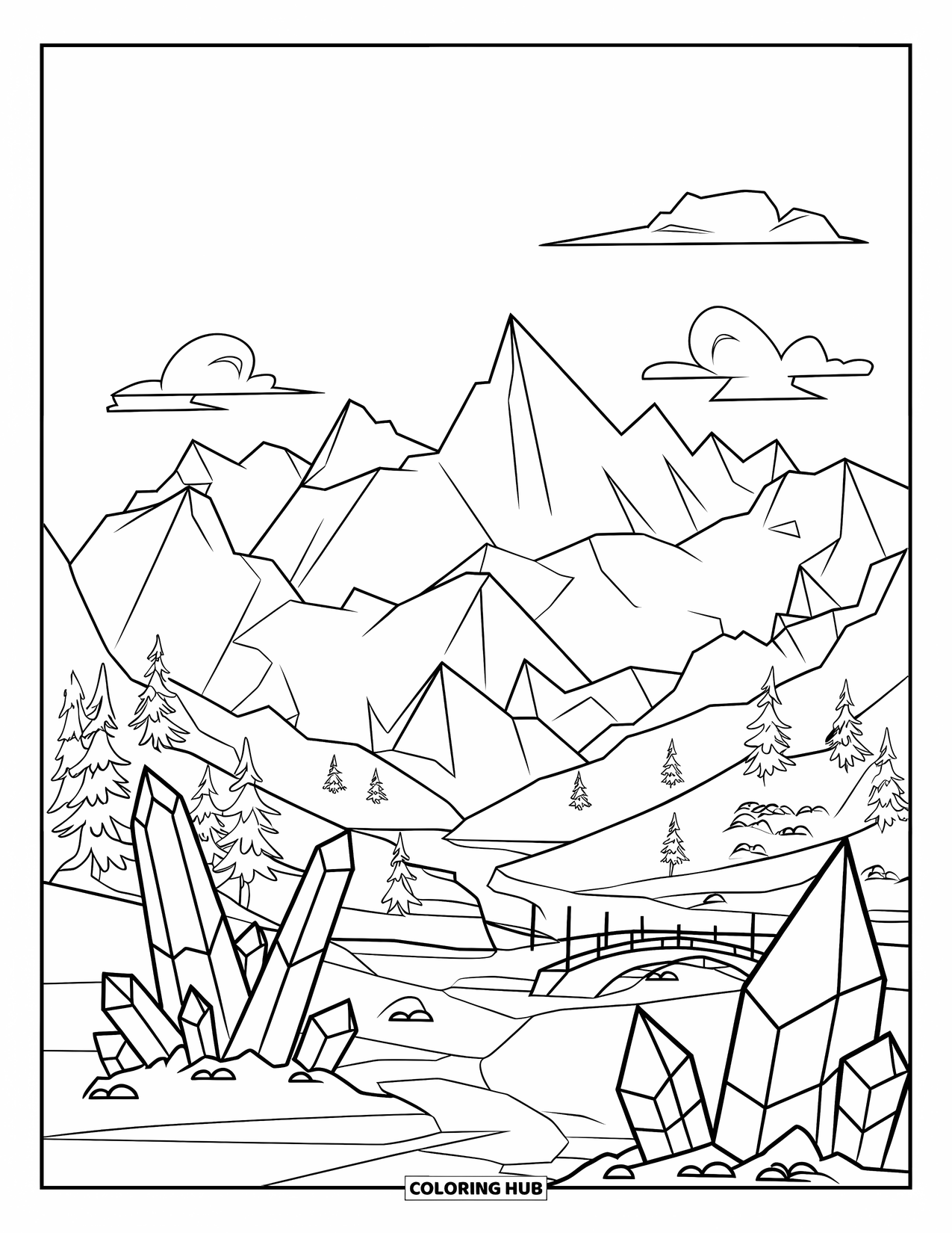 Desenho de Cristal para Colorir para Crianças: Uma paisagem montanhosa tranquila com formações de cristal, árvores, um rio e um cenário de montanha nevada
