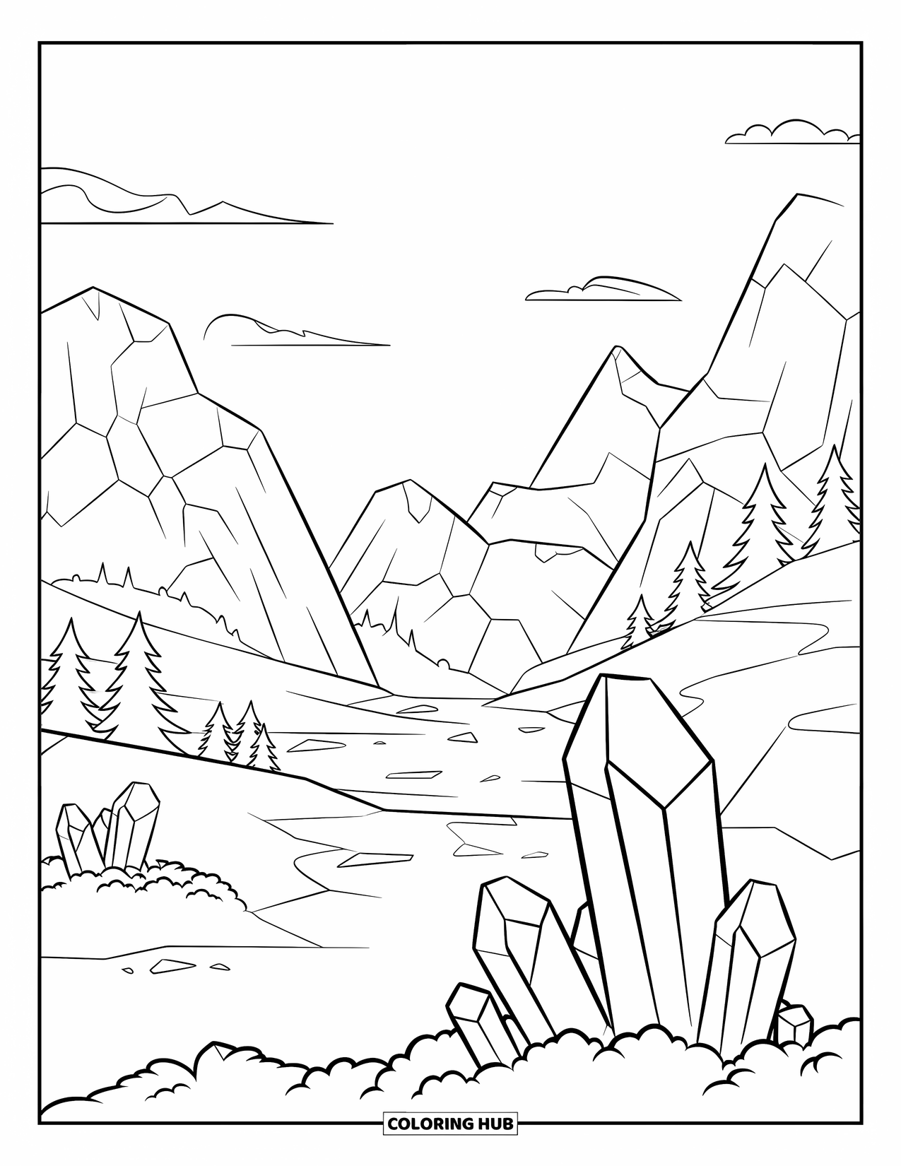 Desenho de Cristal para Colorir para Crianças: Uma paisagem montanhosa tranquila com formações de cristal, árvores e um céu claro com algumas nuvens