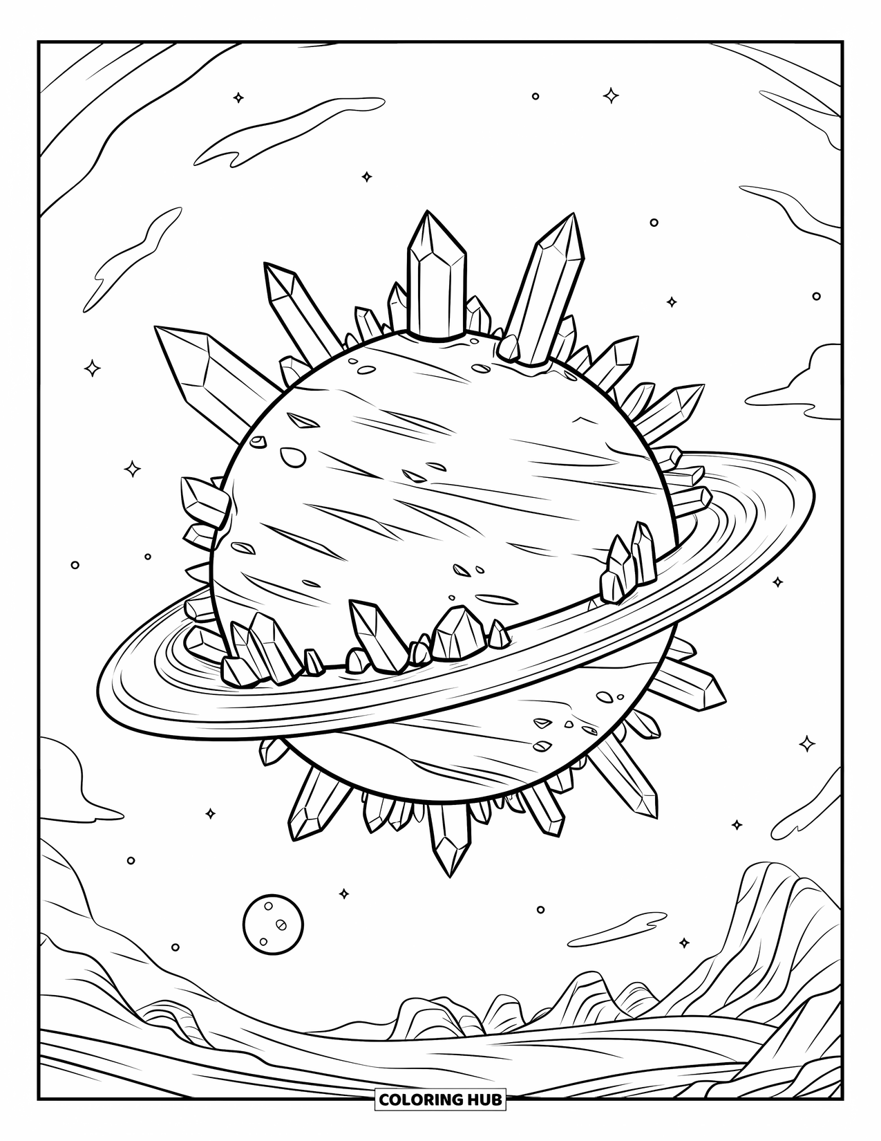 Desenho de Cristal para Colorir para Crianças: Um planeta com picos de cristal ao redor do equador, uma lua e um céu azul com nuvens brancas