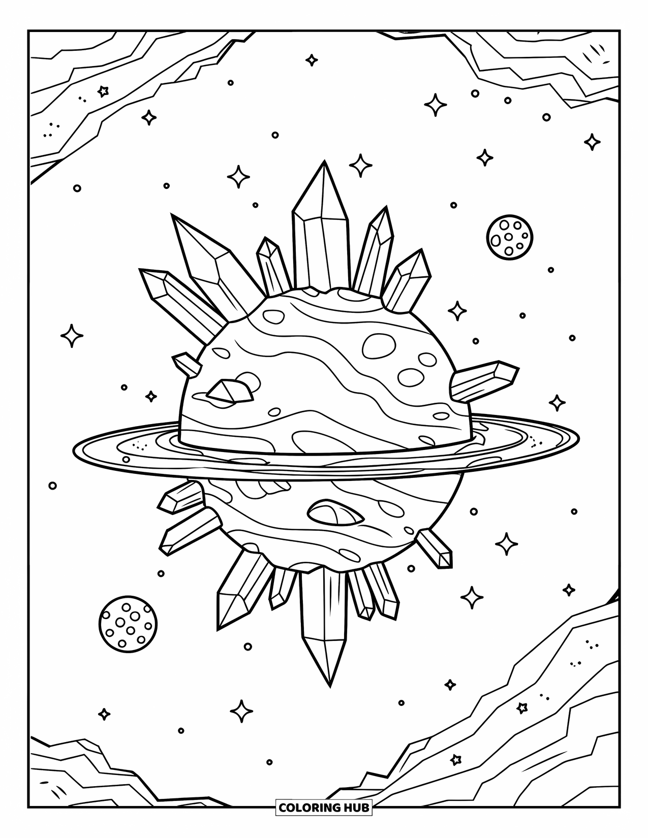 Desenho de Cristal para Colorir para Crianças: Um planeta com picos de cristal ao redor do equador, ilhas flutuantes e um vasto universo estrelado