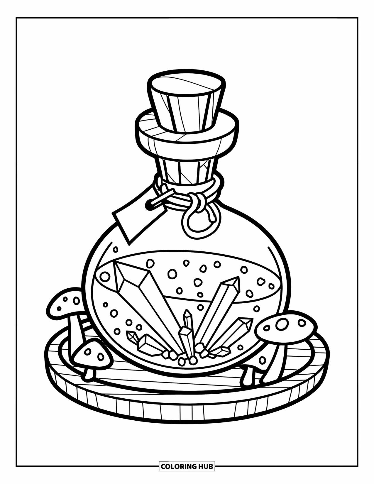 Desenho de Cristal para Colorir para Crianças: Uma garrafa de poção cheia de cristais, selada com uma rolha, colocada em um prato de madeira com cogumelos