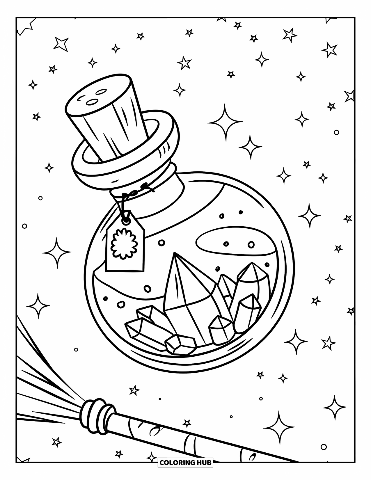 Desenho de Cristal para Colorir para Crianças: Uma garrafa de poção com cristais dentro, flutuando com uma varinha mágica ao lado dela sob um céu estrelado