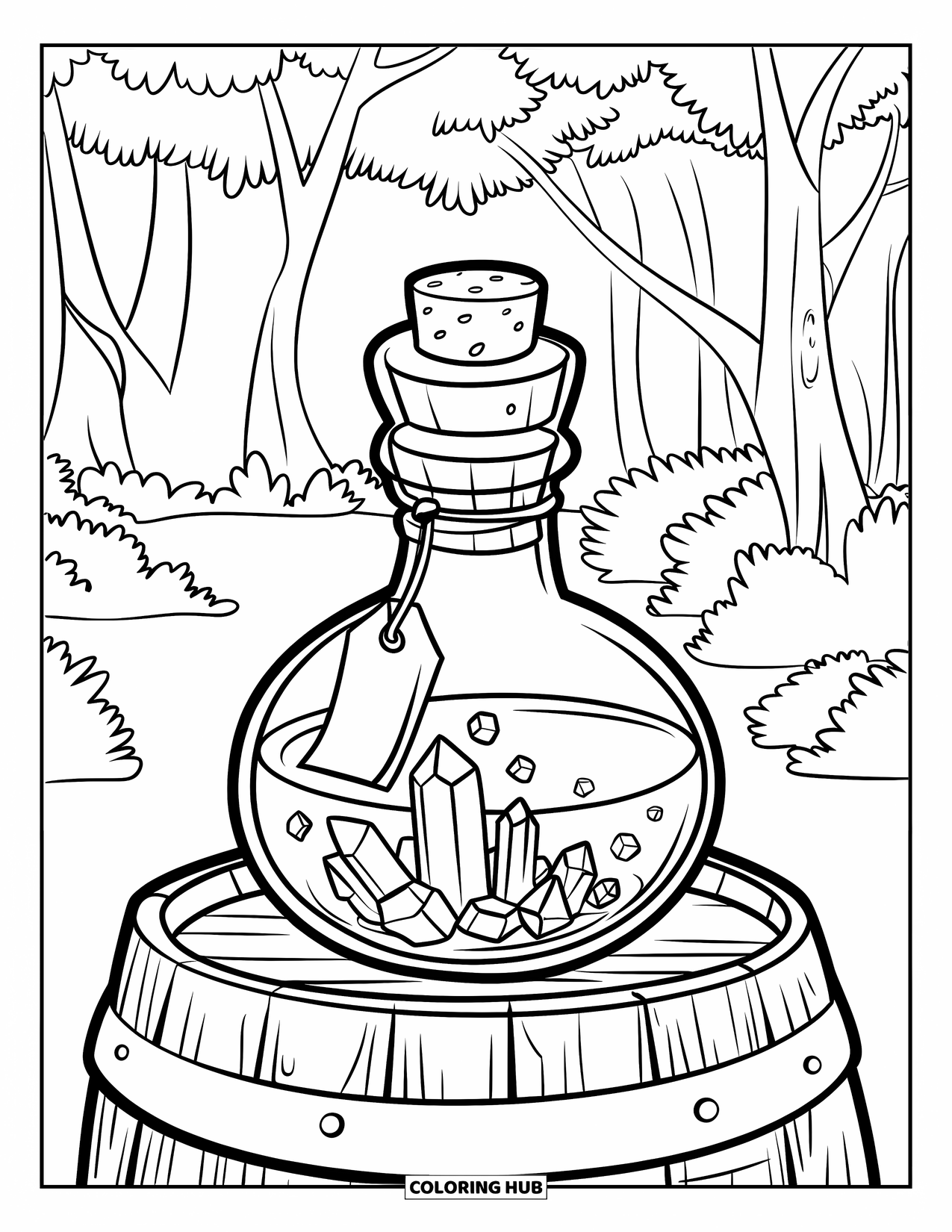 Desenho de Cristal para Colorir para Crianças: Uma garrafa de poção com cristais dentro, selada com uma rolha, apoiada em um barril de madeira em uma floresta