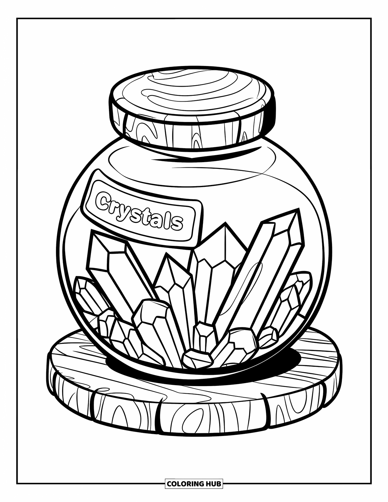 Desenho de Cristal para Colorir para Crianças: Um pote redondo cheio de cristais de tamanho médio, colocado em uma plataforma de madeira, com um rótulo de "Cristais"