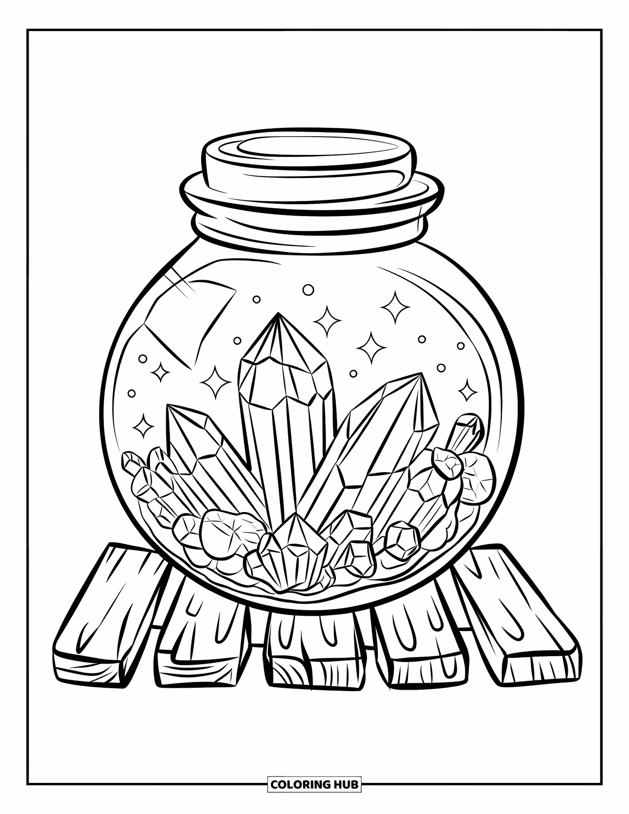 Desenho de Cristal para Colorir para Crianças: Um pote redondo cheio de cristais de tamanho médio, sentado em uma tábua de madeira com contornos limpos