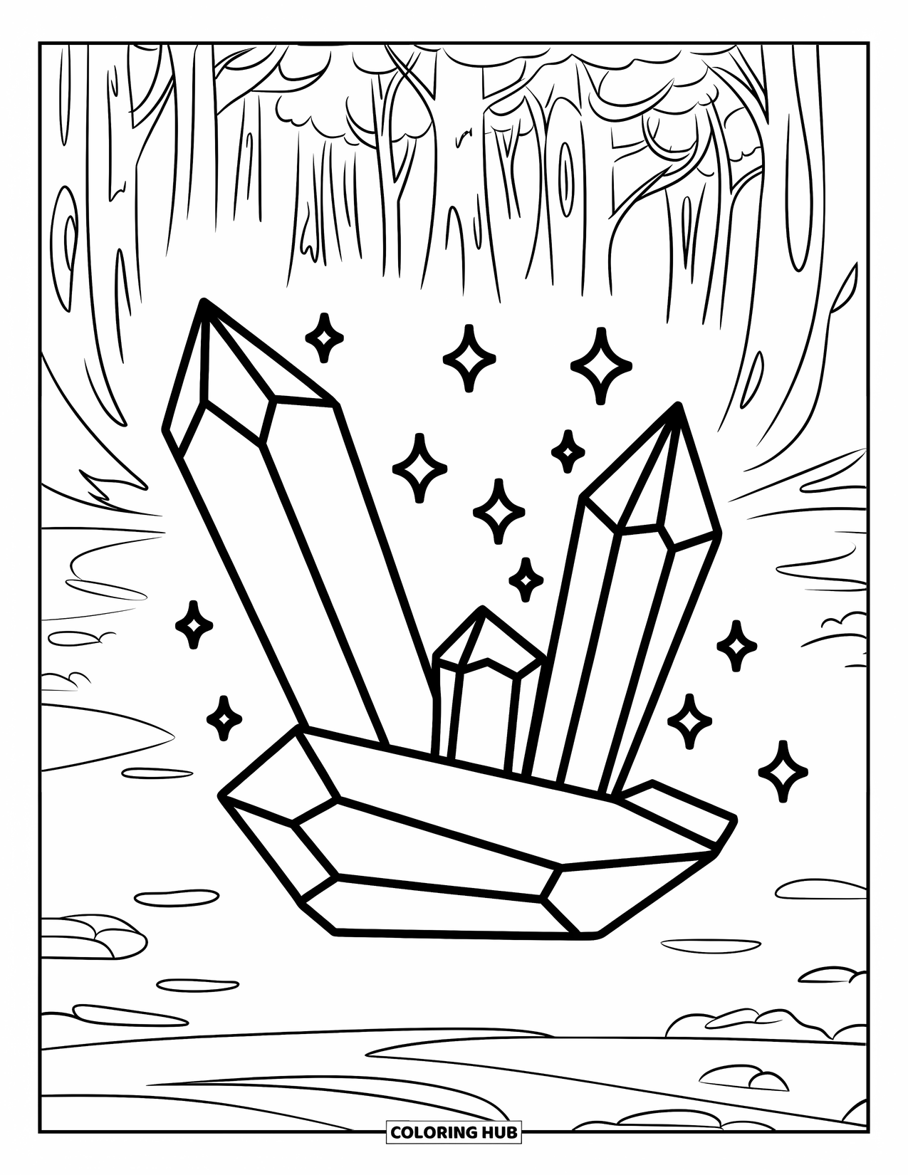 Desenho de Cristal para Colorir para Crianças: Uma pilha de dois grandes cristais com pequenas estrelas, situada em uma floresta mágica