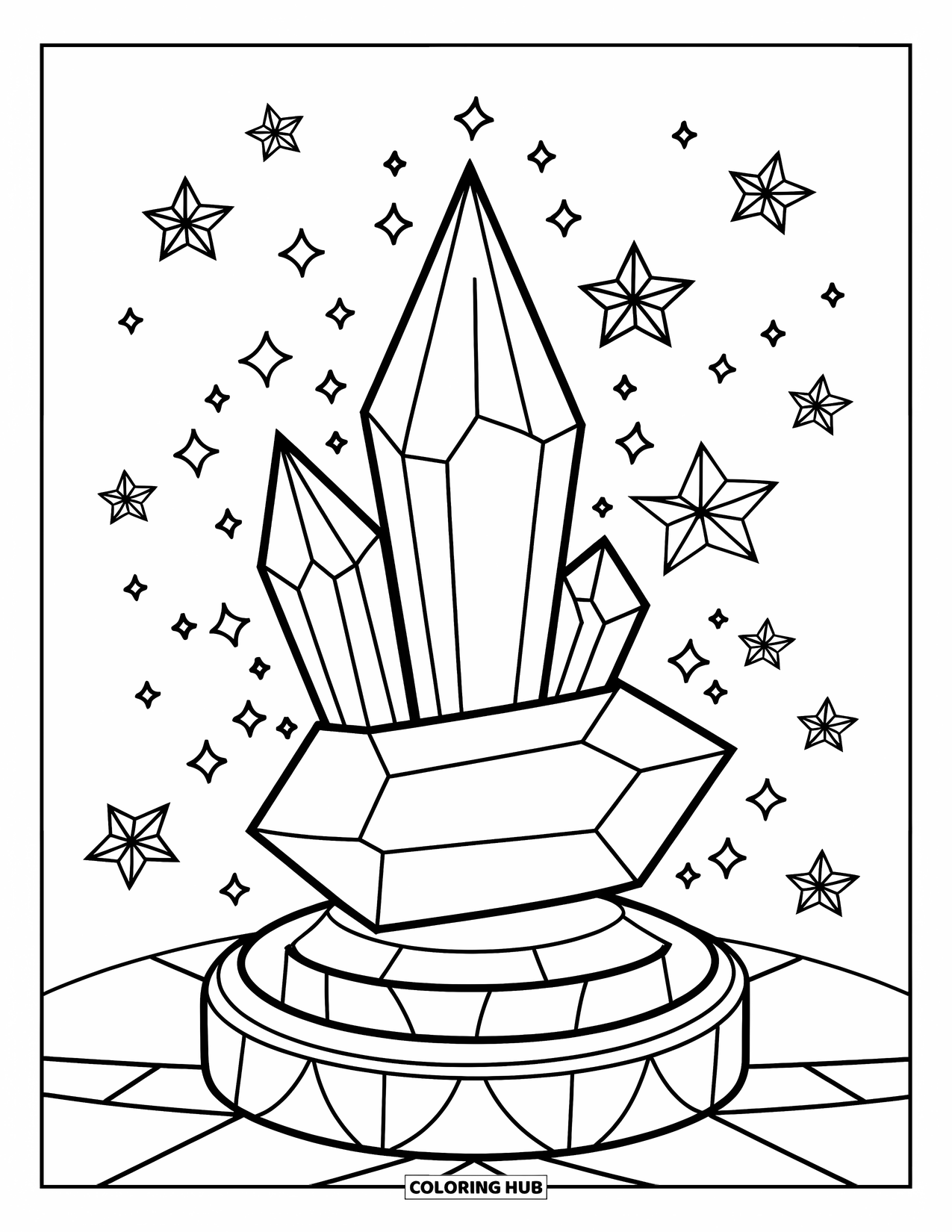 Desenho de Cristal para Colorir para Crianças: Uma pilha de dois grandes cristais com estrelas flutuando ao redor deles em um pedestal
