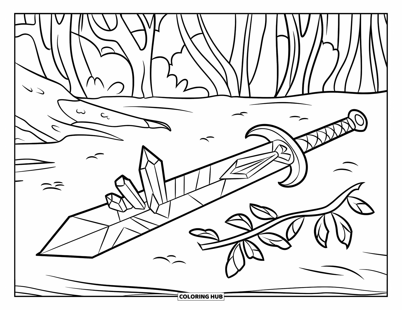 Desenho de Cristal para Colorir para Crianças: Uma espada com fragmentos de cristal incrustados ao longo da lâmina, deitada no chão em uma floresta