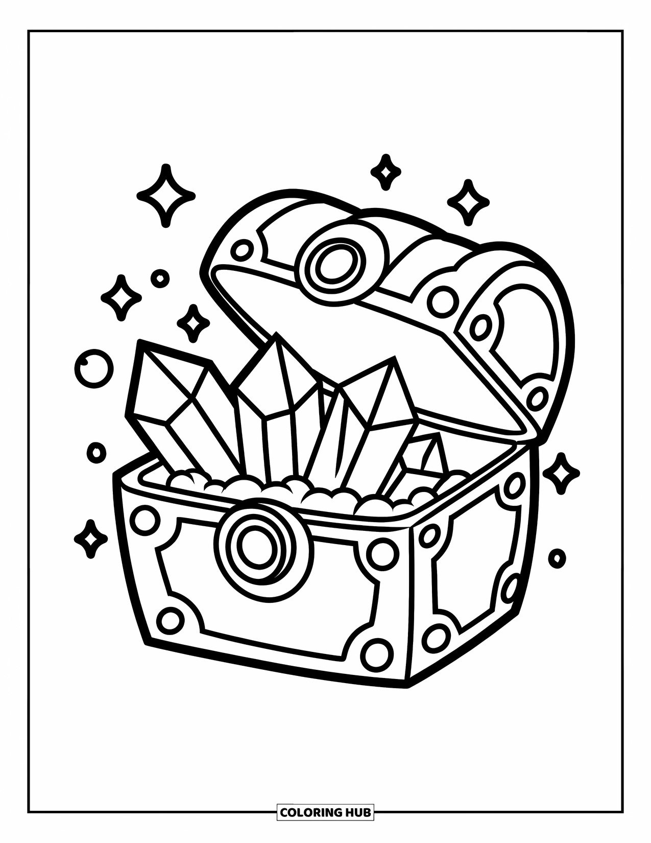 Desenho de Cristal para Colorir para Crianças: Um baú de tesouro com uma abertura redonda, brilhos e bolhas ao redor