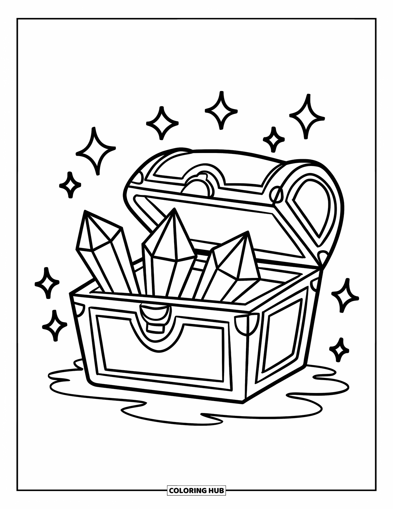 Desenho de Cristal para Colorir para Crianças: Um baú de tesouro com cristais espreitando para fora e brilhos divertidos ao redor
