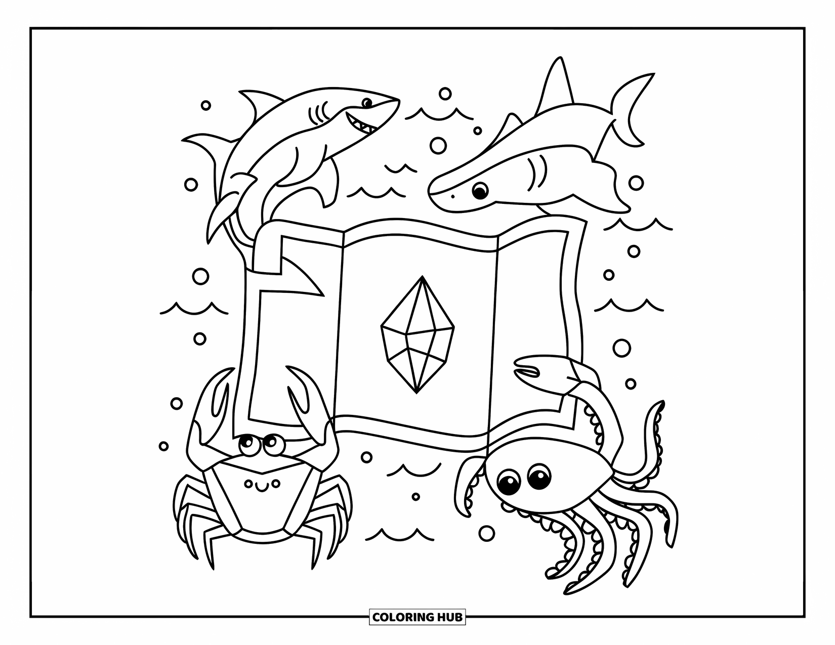 Desenho de Cristal para Colorir para Crianças: Um mapa do tesouro com um cristal marcando o local, cercado por criaturas marinhas como tubarões e caranguejos