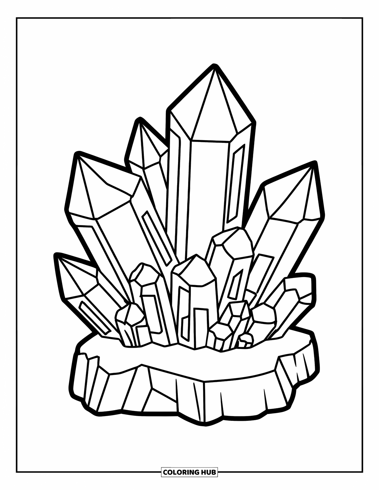 Desenho de Cristal para Colorir para Crianças: Cristais crescendo de uma pequena base de rocha com contornos marcantes e seções claras